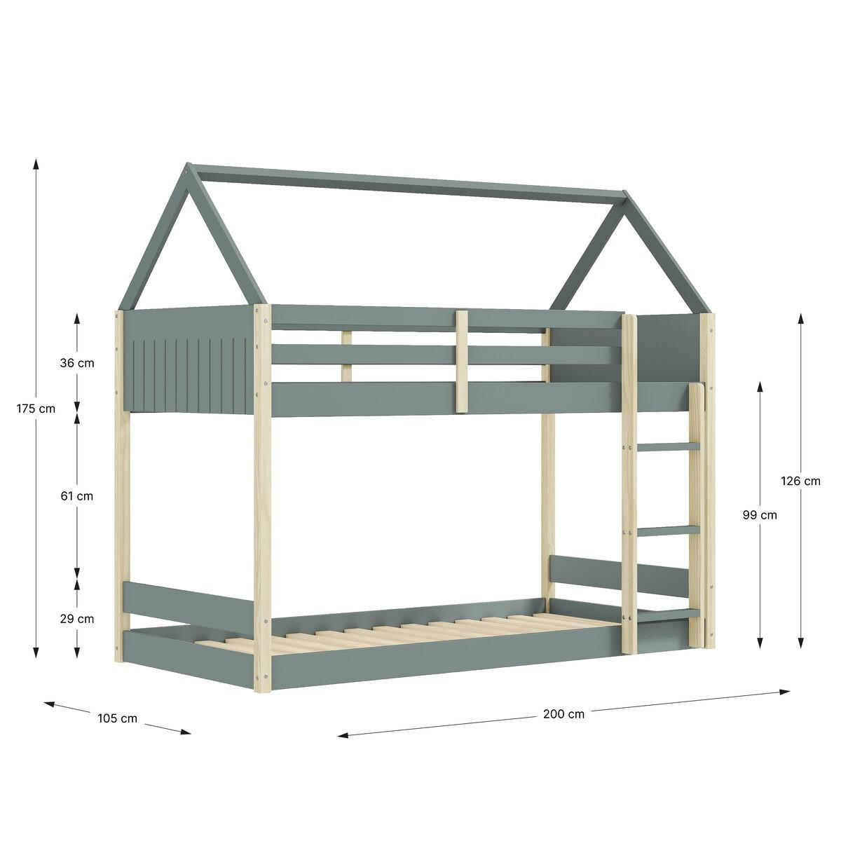 MONTESSORI Etagenbetten 90x190 cm in Hausform 104,7/200/174,9 cm - Grün, Holz - Calicosy
