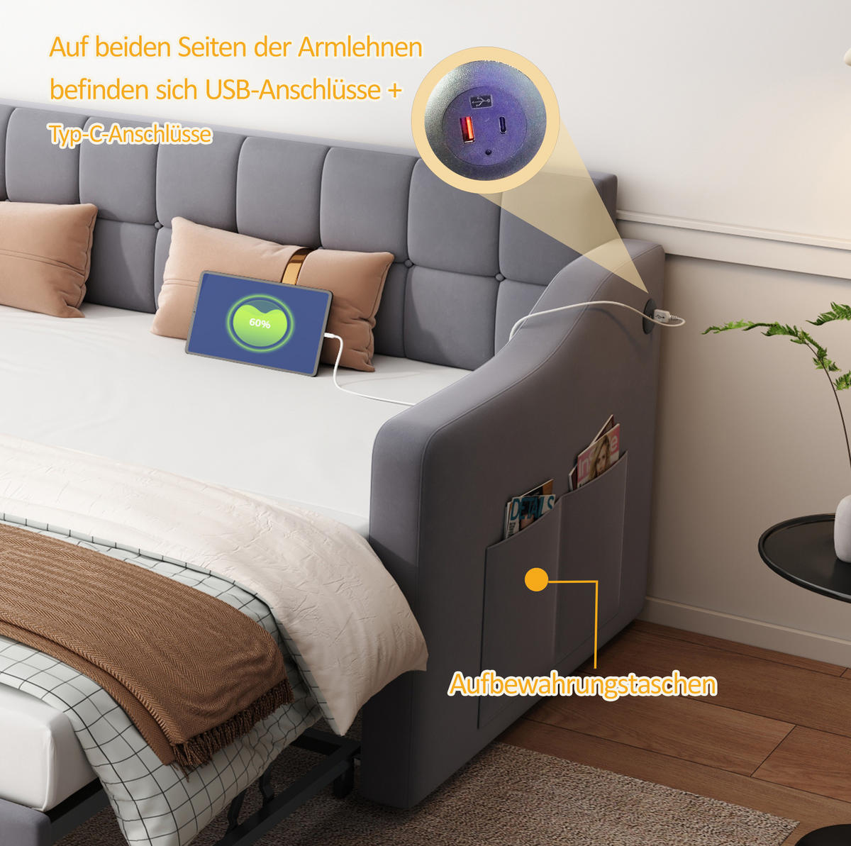 POLSTERBETT 90/190 cm Grau aus Samt ausziehbar - Grau, Textil (90/190cm) - OKMYHOME