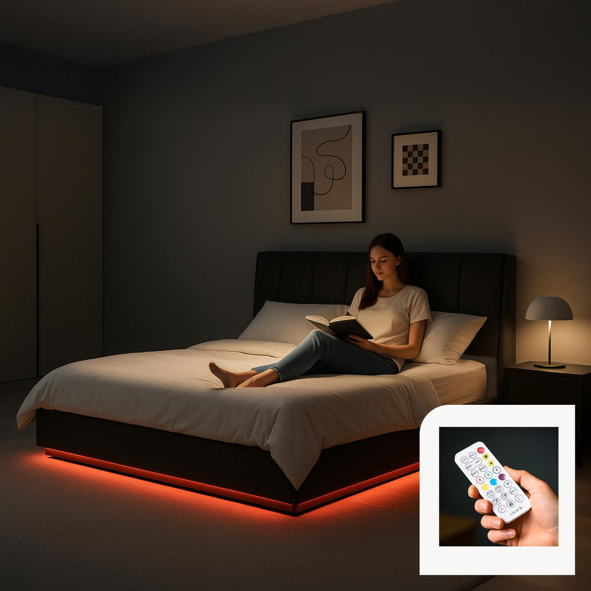 LED ČALOUNĚNÁ POSTEL Tröstiar - černá, kov/kompozitní dřevo (140/200cm) - [en.casa]