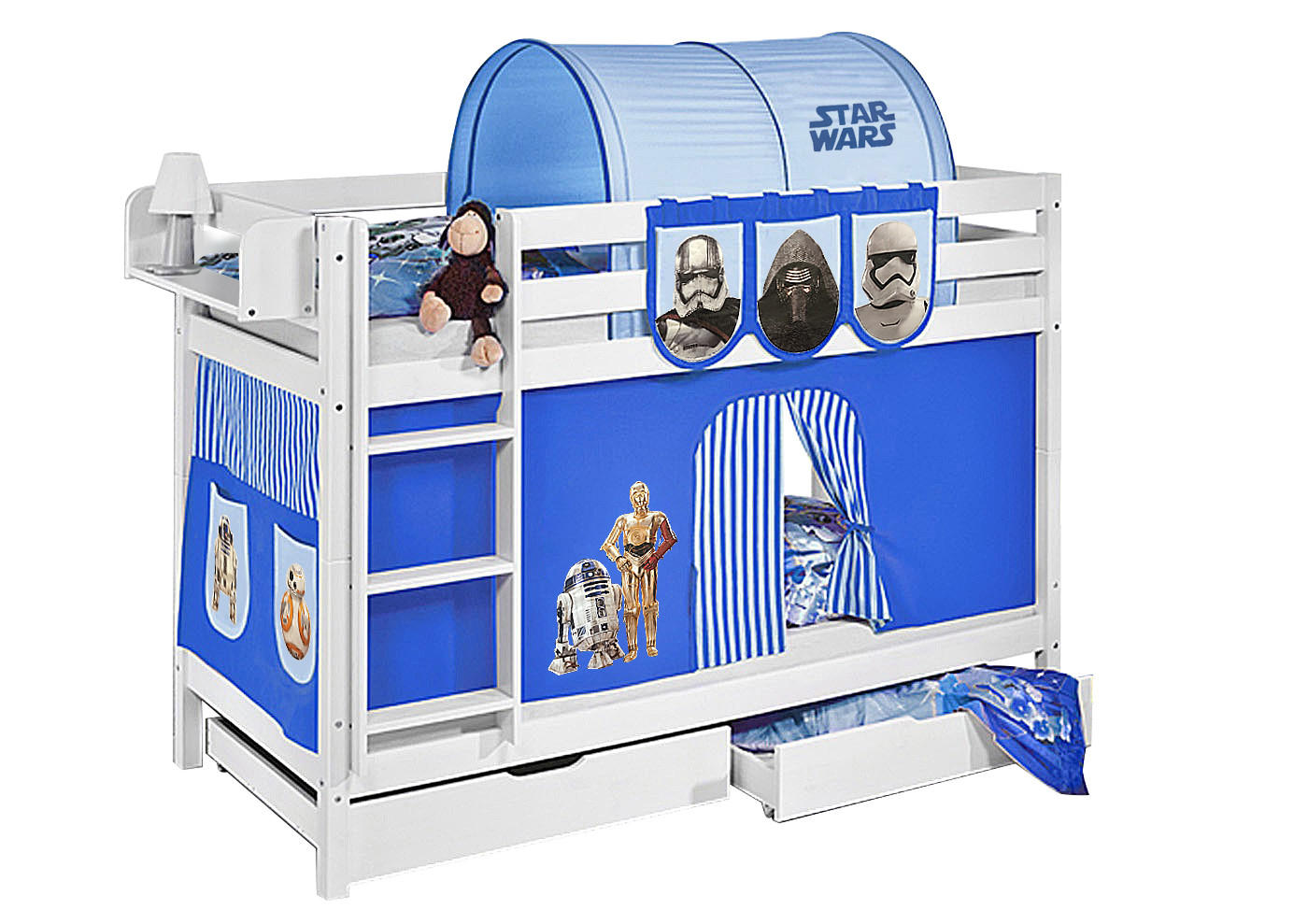 ETAGENBETT JELLE 90x190 cm Star Wars blau - Hochbett - inkl. Vorhang und 2 Lattenrosten - Weiß, Holz - Lilokids