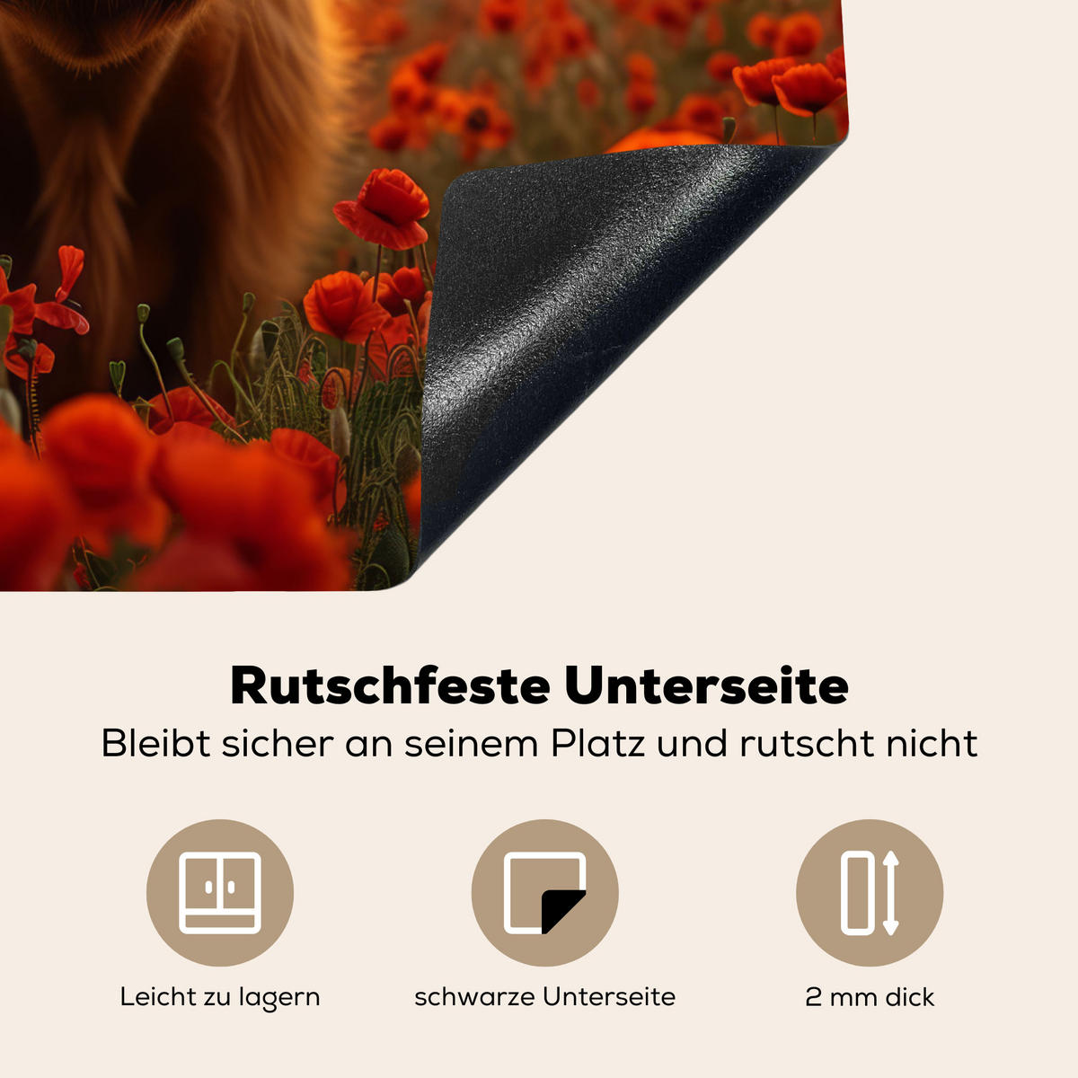 HERDABDECKPLATTE Schottische Highlander - Rosen - Blumenfeld - Sonnenuntergang Herdabdeckung Induktionsfeld 60x52 cm - Rotbraun, Kunststoff (60/52/0.2cm) - MuchoWow