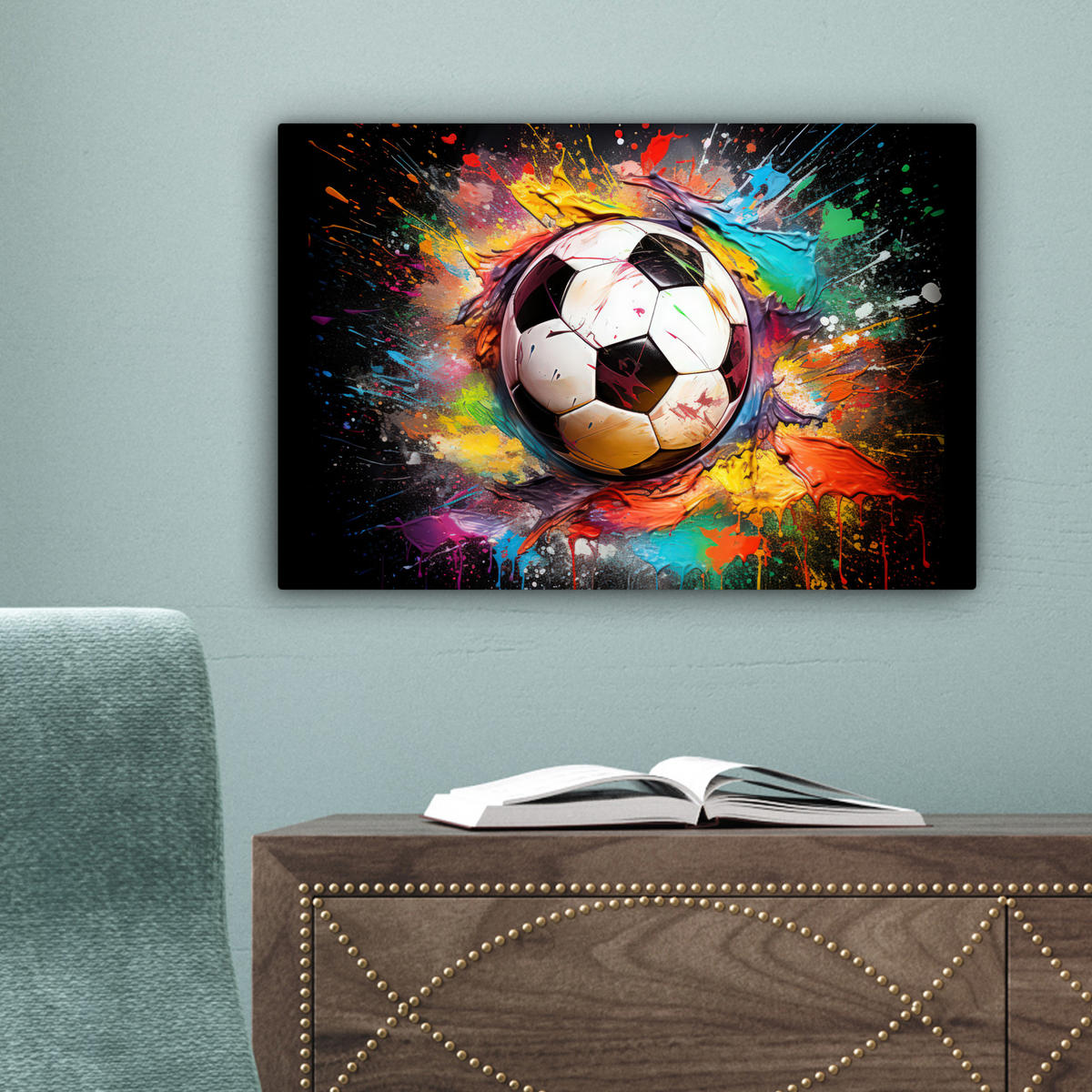 LEINWANDBILD Fußball - Farbe - Farben - Schwarz - Weiß 30x20 cm - Weiß, Textil (30/20cm) - MuchoWow