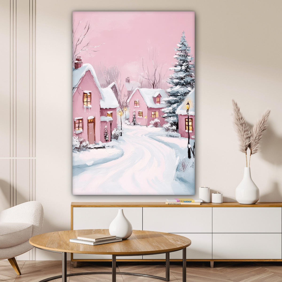 LEINWANDBILD Weihnachtsdorf - Rosa - Winter - Schnee - Häuser 80x120 cm - Altrosa, Textil (80/120cm) - MuchoWow