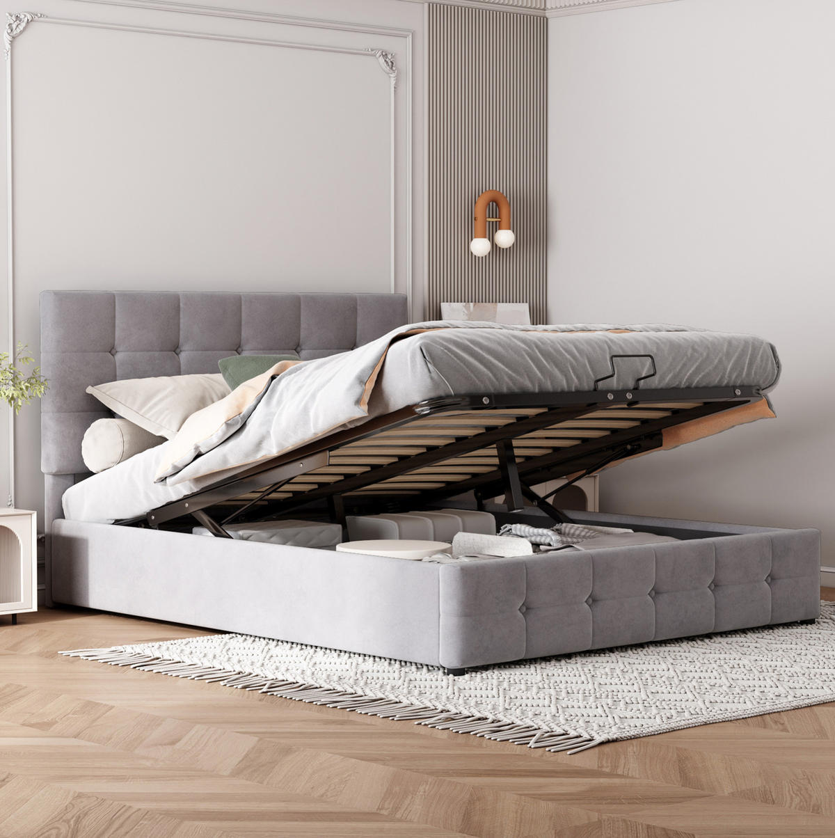 SAMT-POLSTERBETT 140/200 cm mit Bettkasten und gepolstertem Kopfteil - Grau, Textil (140/200cm) - BEAOK