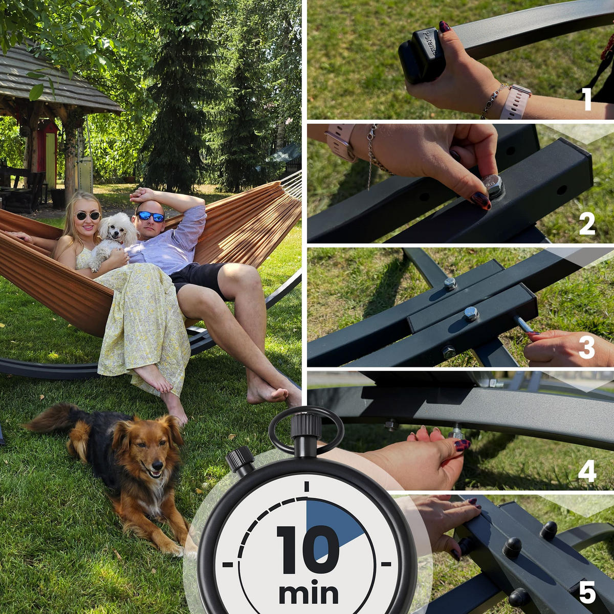 HÄNGEMATTE mit Gestell, 2 Personen, XXL, 200 kg, Metall, Grey, einfache Montage - Grau, Metall (370/130/120cm) - Potenza