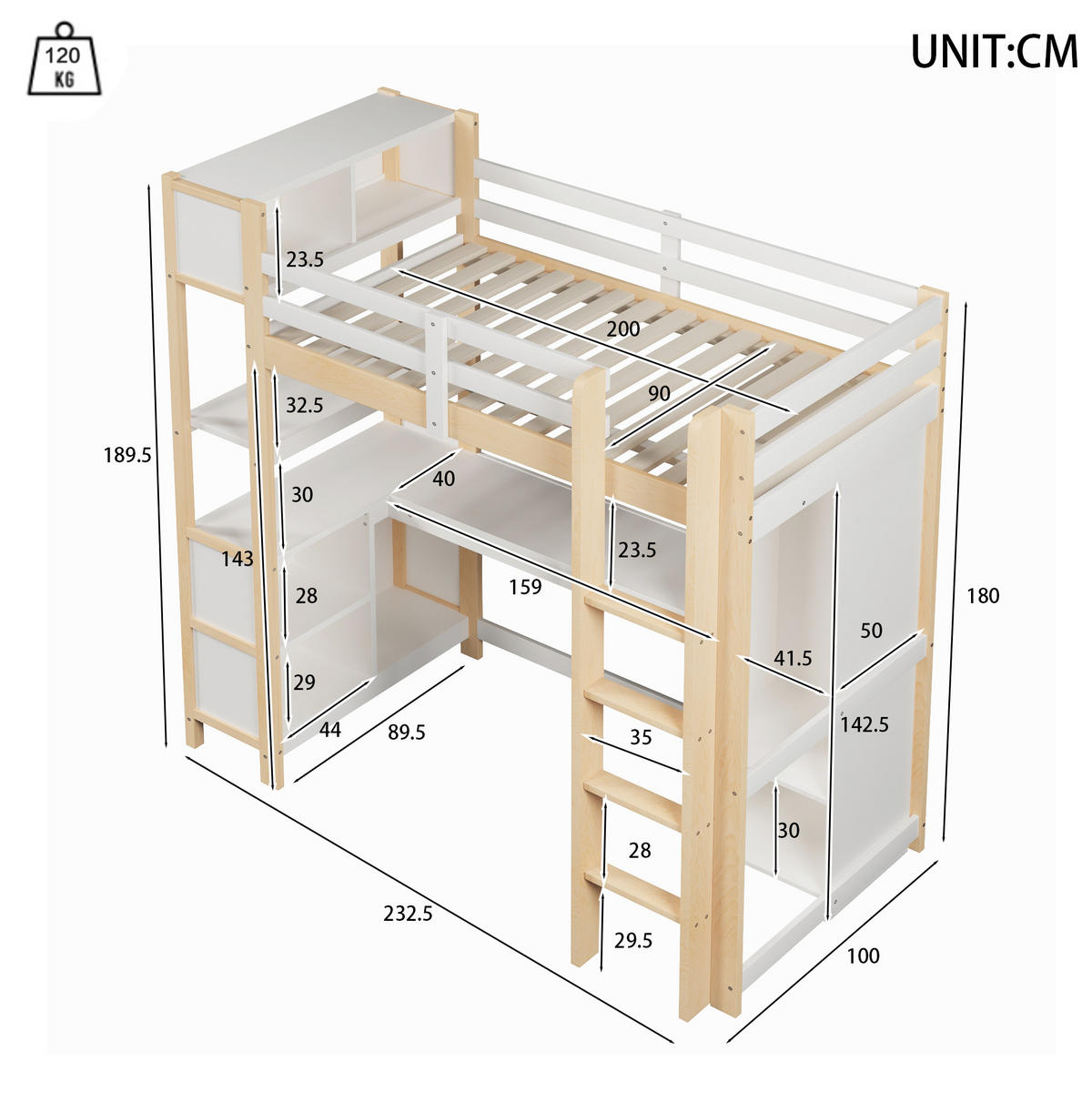 HOCHBETT 90/200 cm, Natur mit Schreibtisch, Regalen, Kleiderschrank, ohne Matratze - Weiß, Holz (90/200cm) - MIVRAY