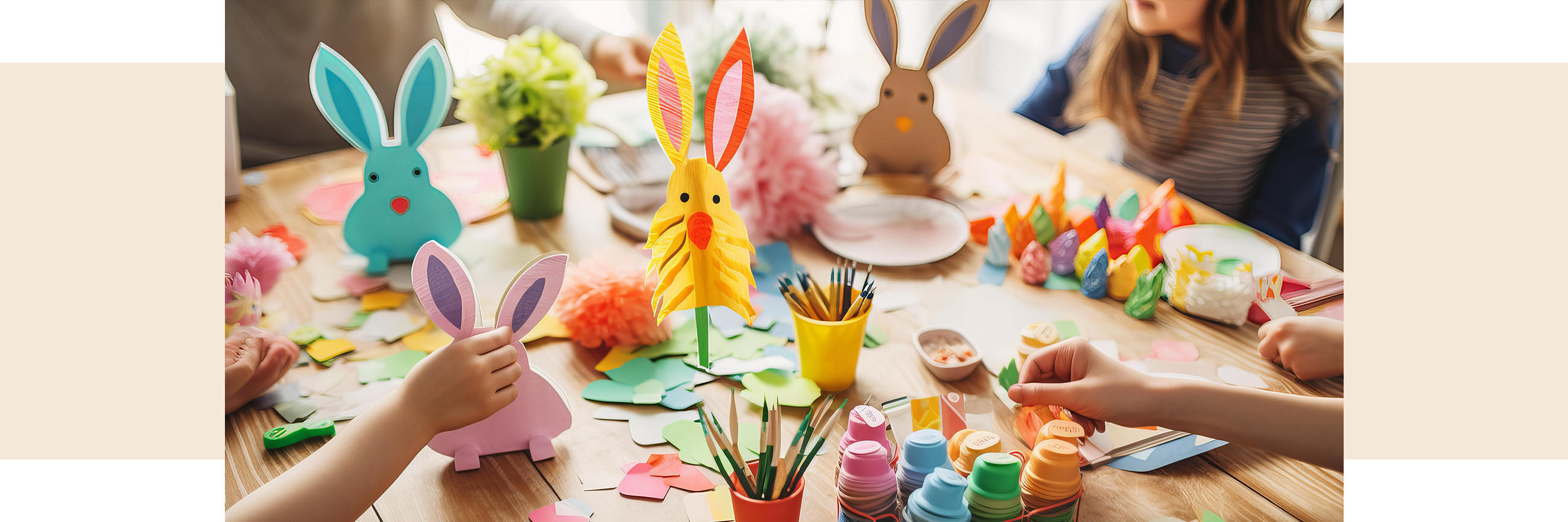 Kinder basteln am Tisch bunte Osterdekoration aus Papier – Hasenfiguren, Eierformen, Pinsel und Farben liegen zwischen Bastelmaterialien.