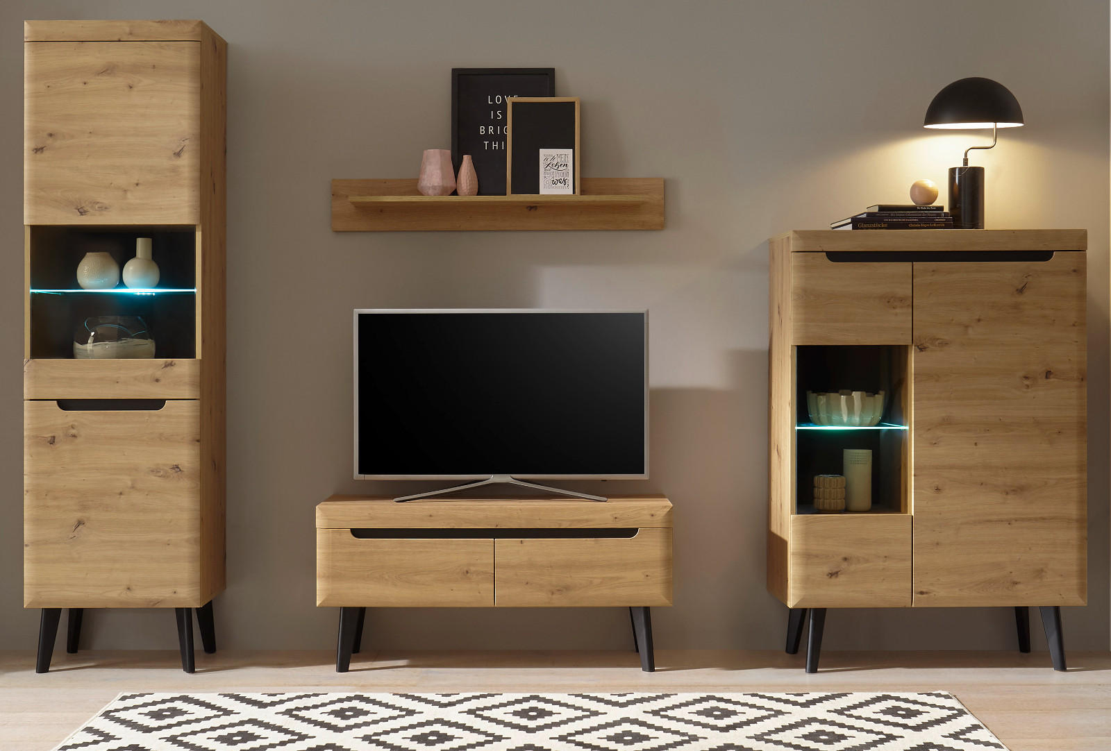 WOHNWAND 4-teilig Eiche Artisan, schwarz 290 cm, Wohnkombination skandinavisch - Eichefarben, Glas/Holzwerkstoff (290/197/40cm) - Furn.Design
