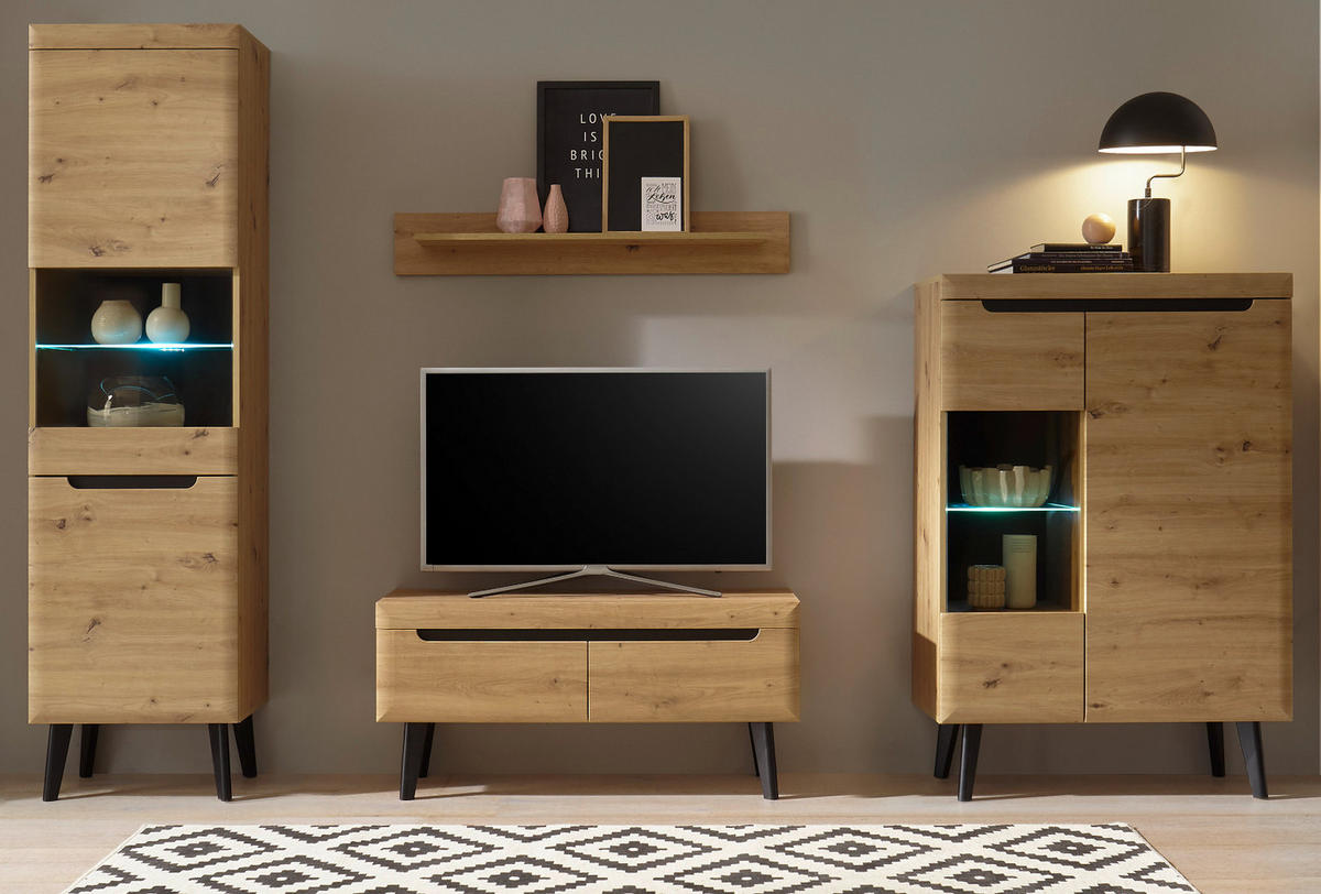 WOHNWAND 4-teilig Eiche Artisan, schwarz 290 cm, Wohnkombination skandinavisch - Eichefarben, Glas/Holzwerkstoff (290/197/40cm) - Furn.Design