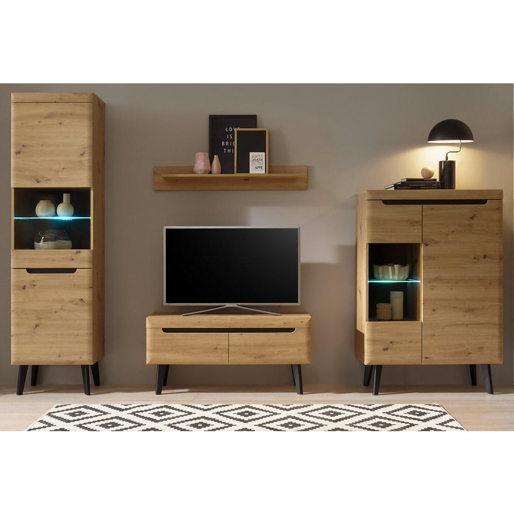 Thumbnail - Furn.Design Wohnwand, Eiche, Holzwerkstoff, Nachbildung,Eiche, Holz Optik, 8 Fächer, 2 Schubladen, 290x197x40 cm, Wohnzi...