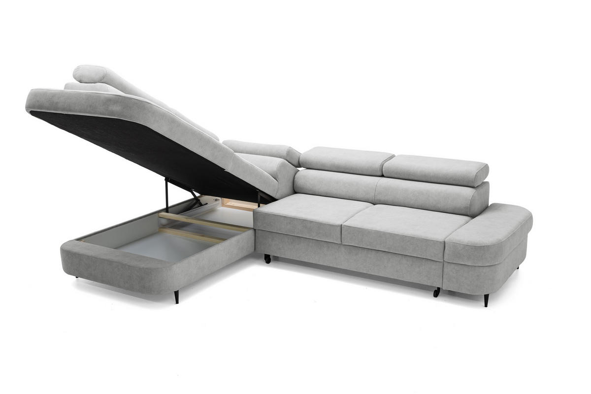 ECKSOFA PRIAM L Links mit Schlaffunktion 125x195 Velours Hellgrau - Hellgrau/Schwarz, Holz/Textil (203/275cm) - Muffo