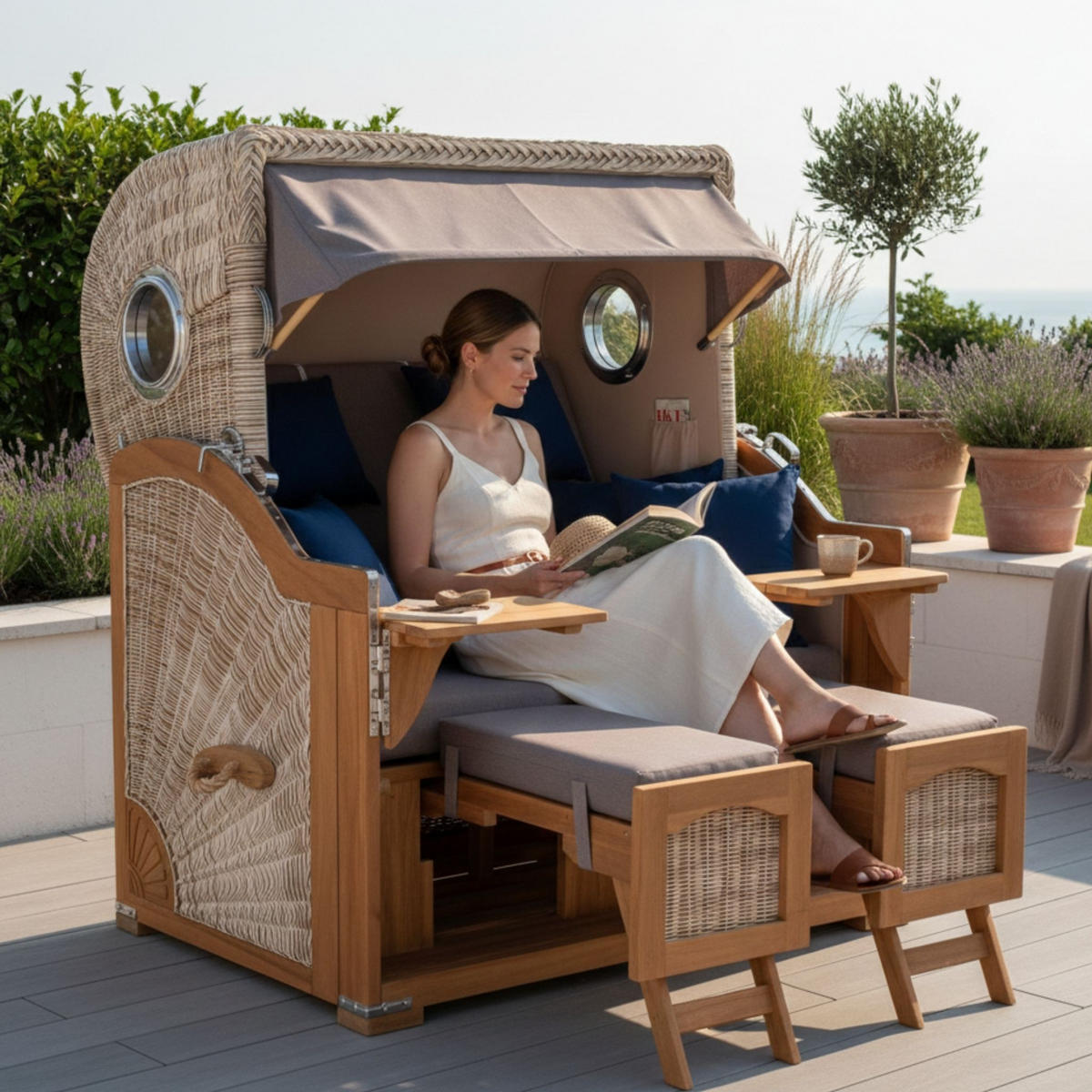 STRANDKORB XXL Düne Grande Teak PE Shell - Braun/Grau, Metall (142/170/95cm) - Mr. Deko