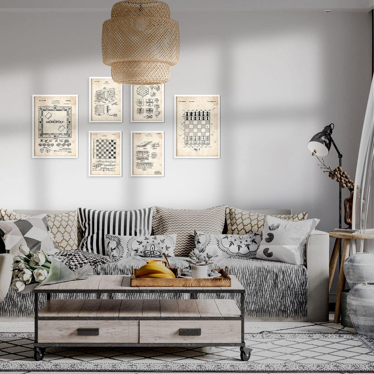 POSTER Set Mit 6 Plakaten Mit Brettspiel Patenten Im Vintage Stil A3 & A4 Rahmen Aus Hellem Holz - Beige, Papier (29/3cm) - Nacnic