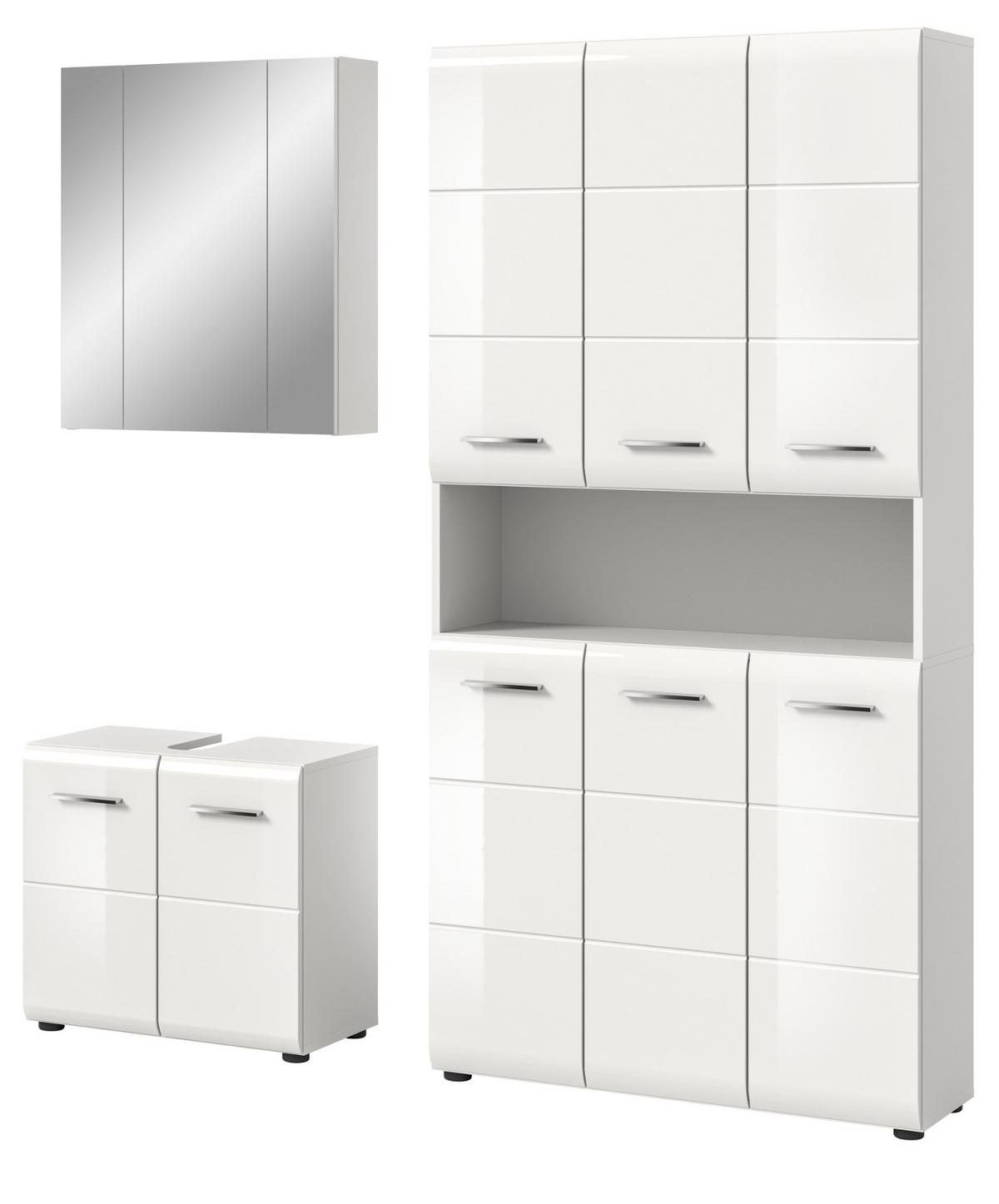 BADMÖBEL SET 3-teilig in weiß Hochglanz Badkombination 165 x 185 cm Cover - Weiß Hochglanz/Silberfarben, Holzwerkstoff/Kunststoff (165/185/30cm) - Inn.Furn