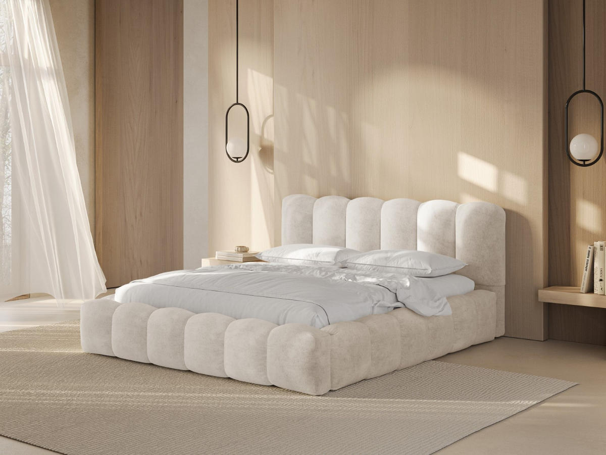 BETT mit Bettkasten und Kopfteil Lupine aus Chenille-Stoff leichtes beige 200x200cm - Creme, Textil (200/200cm) - Micadoni