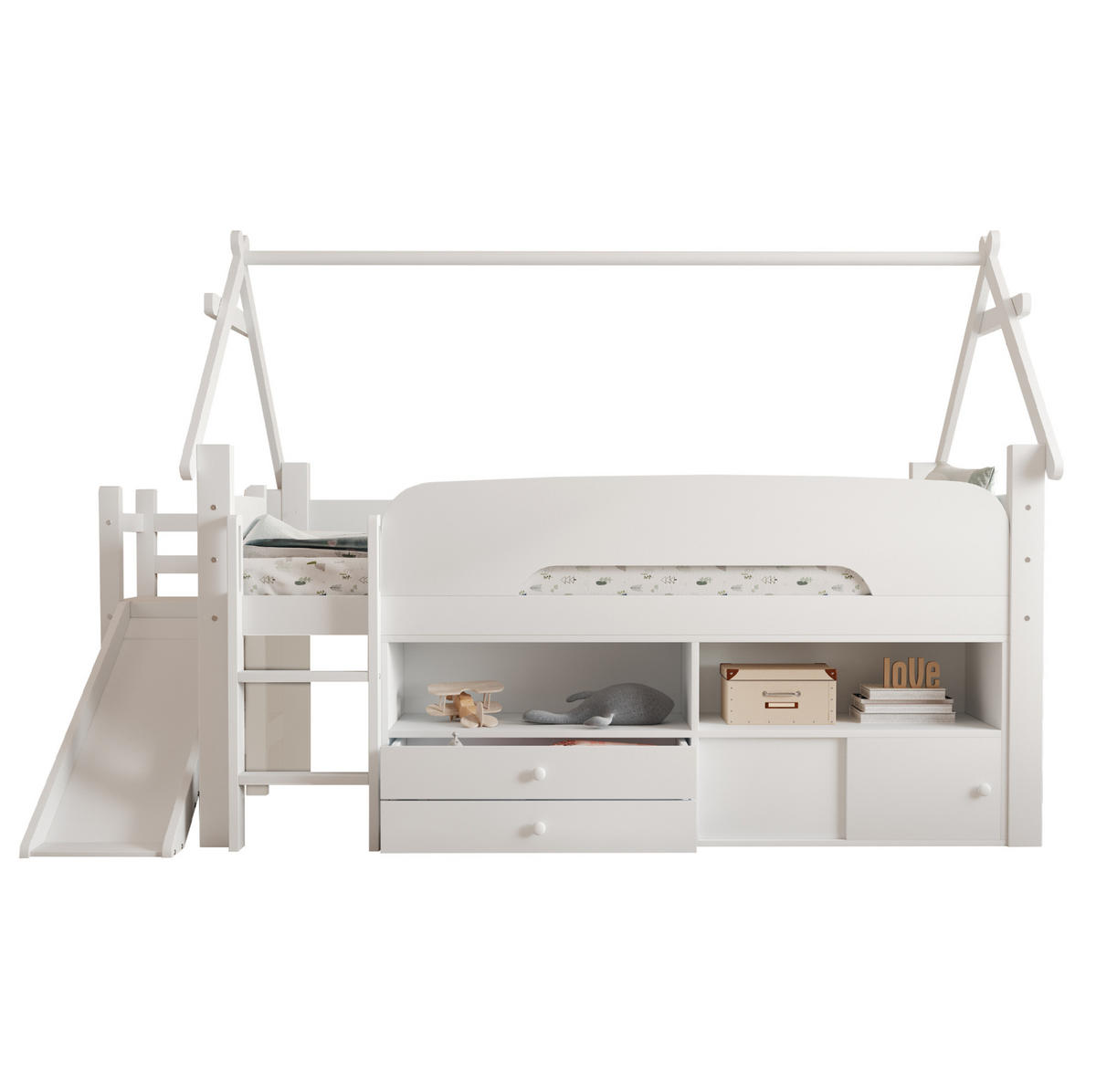 KINDERBETT 90/200 cm weiß aus Massivholz und MDF mit Rutsche und Stauraum - Weiß, Holzwerkstoff (90/200cm) - OKWISH
