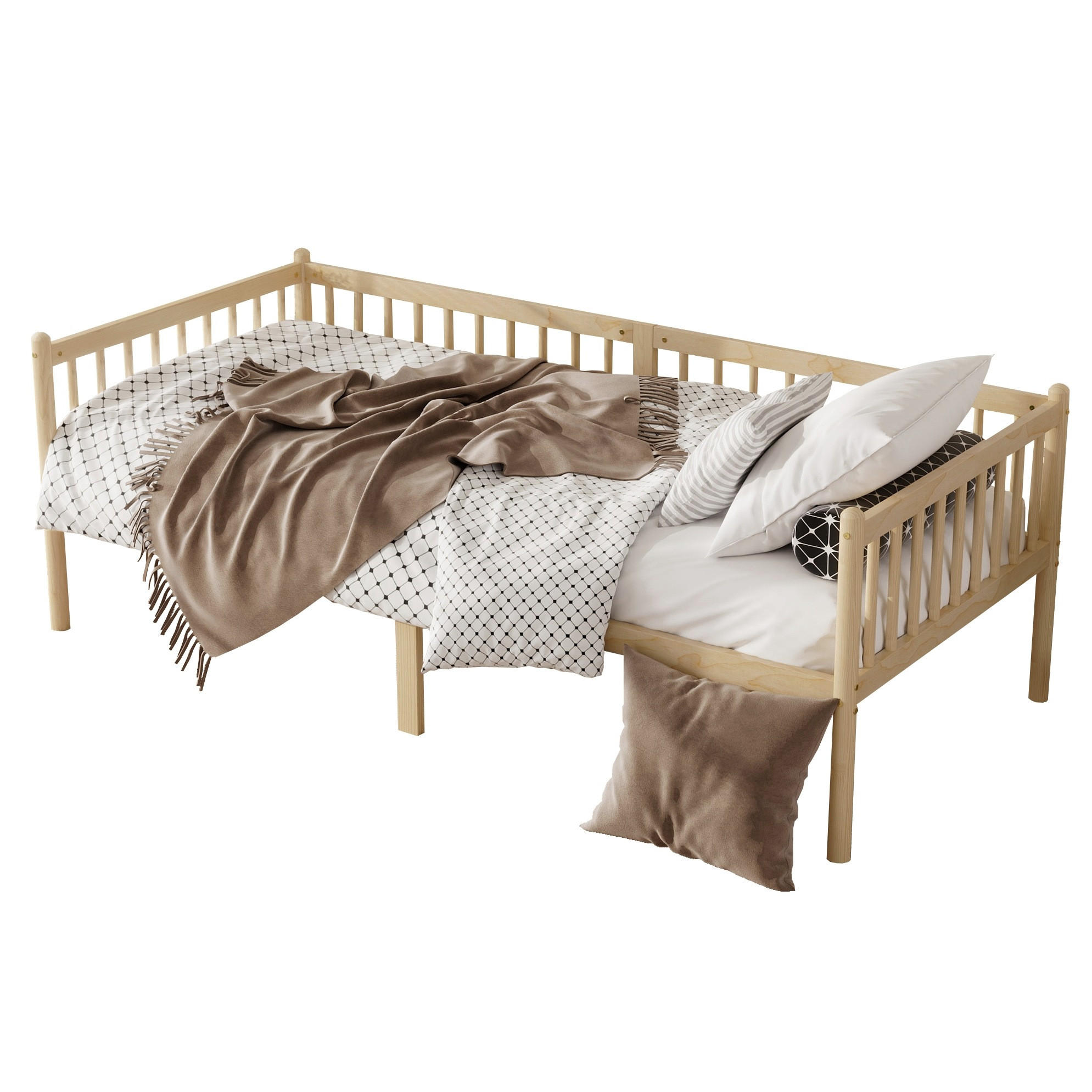 BETT 90/200 cm aus Kiefernholz in Natur mit 3-seitigem Geländer und Stauraum - Naturfarben, Holz (90/200cm) - Flora Grace