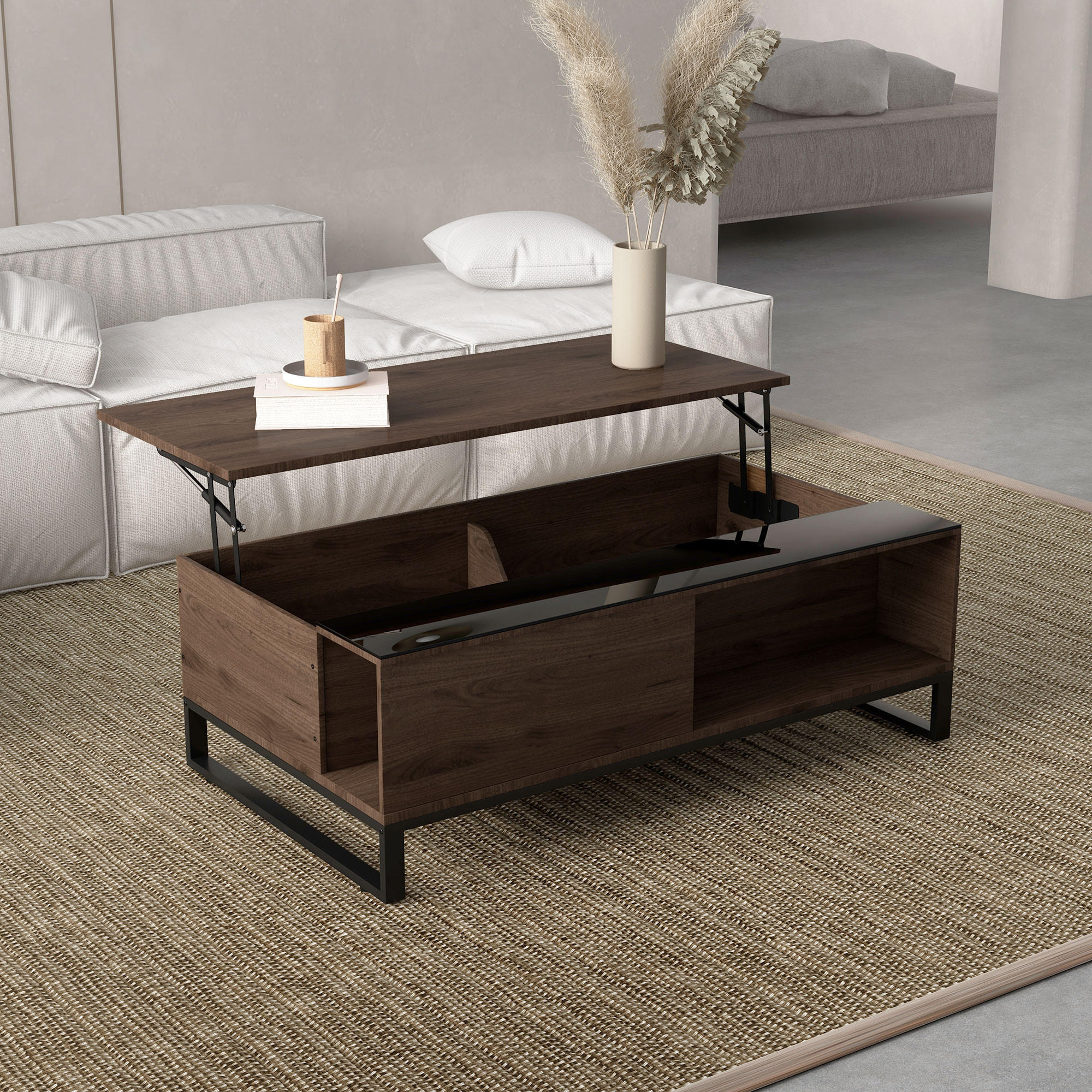COUCHTISCH Höhenverstellbar, Spanplatte - Walnussfarben, Kunststoff (102/58/35.5cm) - HOMCOM
