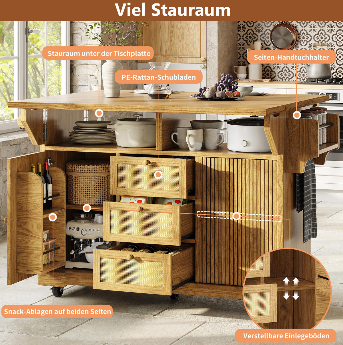 SERVIERWAGEN ausklappbar 142,5 x 80 x 95 cm Naturholz - Naturfarben, Holz (80/95/142.5cm) - Beauniv