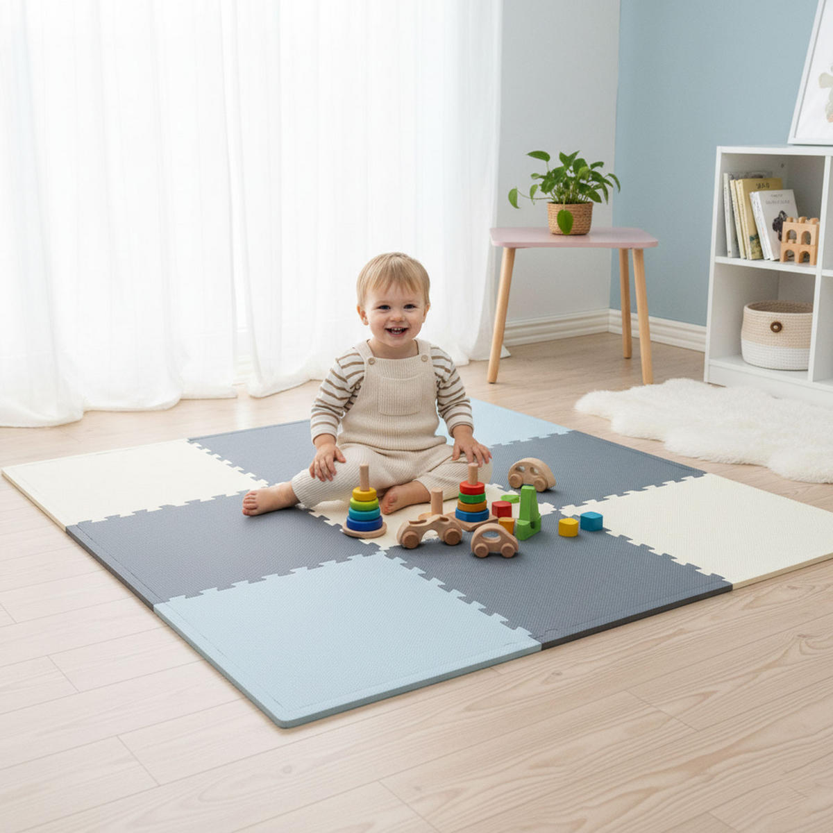 SPIELMATTE mit Rand - 8er Set - 50x50 cm - Beige und Grau - Grau, Kunststoff (50/50cm) - Littletom