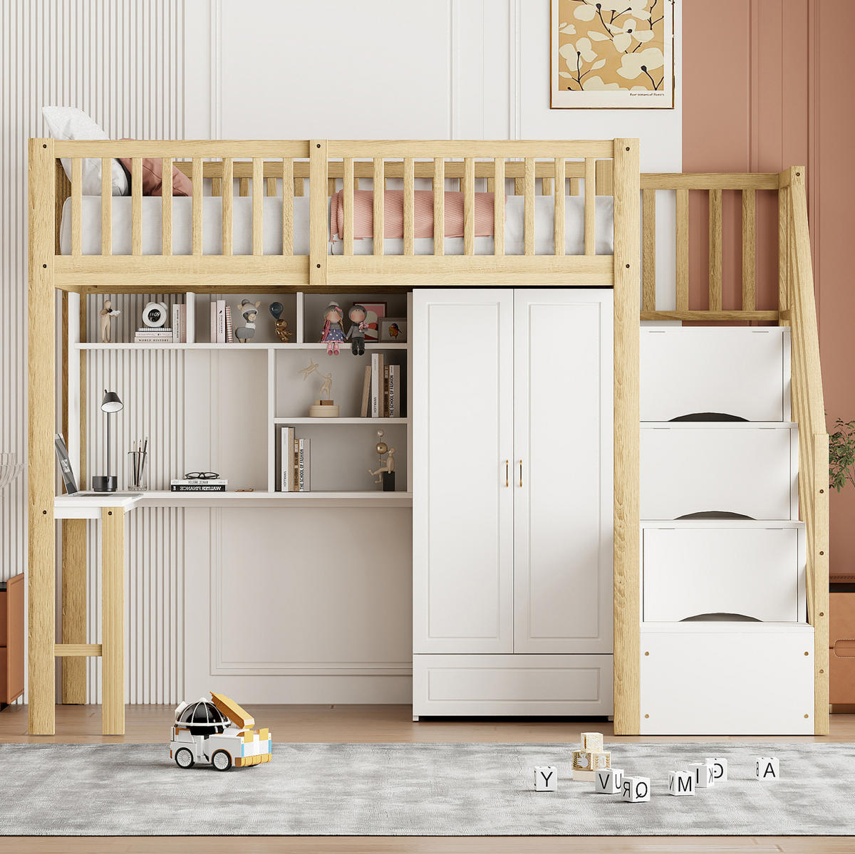 HOCHBETT 90/200 cm mit Kleiderschrank, Schreibtisch und Stauraumtreppe - Naturfarben, Holz (90/200cm) - Flora Grace