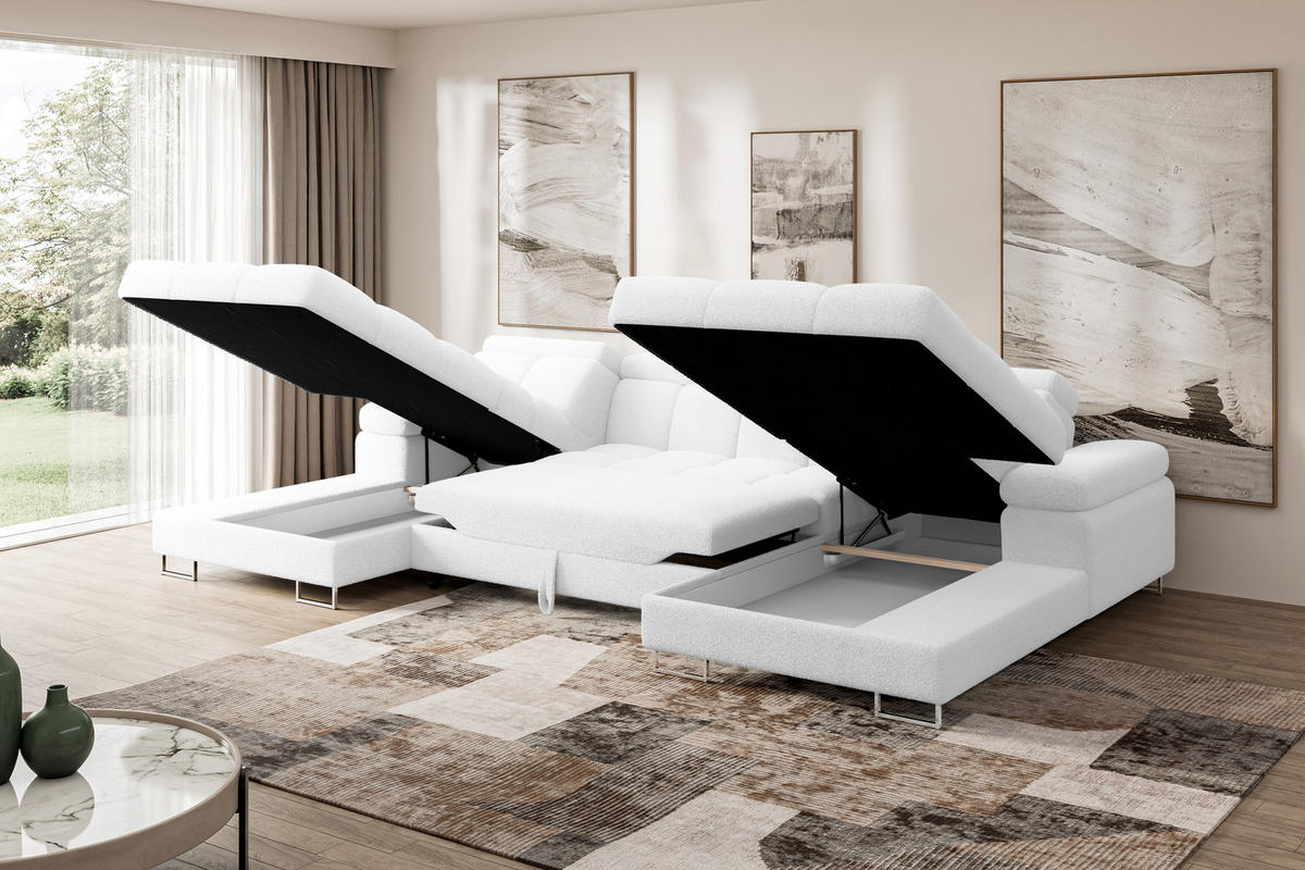 WOHNLANDSCHAFT mit Schlaffunktion und Bettkasten COMA U2 345x203x79 Weiß Bouclé - Weiß, Holzwerkstoff/Textil (345/79/203cm) - ALTDECOR