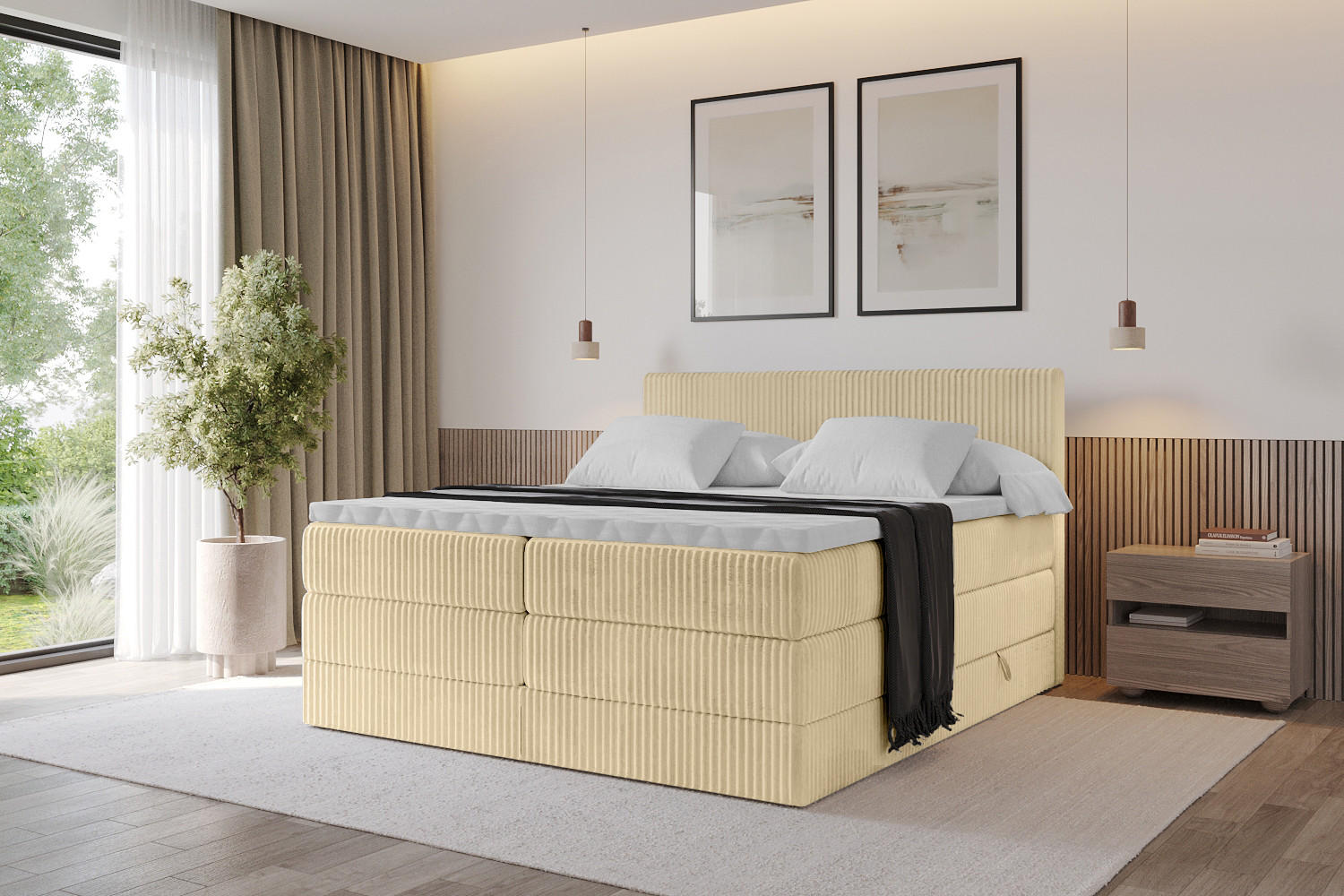 BOXSPRINGBETT mit Matratze H3|H4 und Lattenrost - TOLO KING 140x200 Cord - Ecru - Ecru, Holzwerkstoff (140/200cm) - ALTDECOR