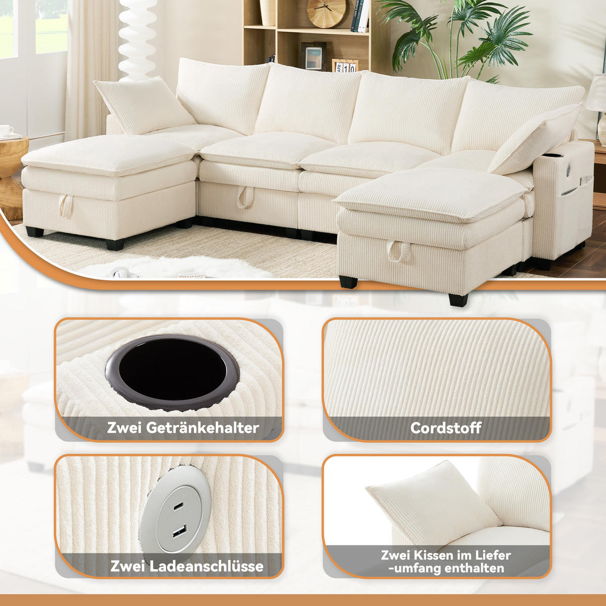 WOHNLANDSCHAFT Cord mit 2 Hockern und USB-Anschluss Stauraum 280/151/82 cm Beige - Beige, Kunststoff/Textil (82/280/151cm) - Redom