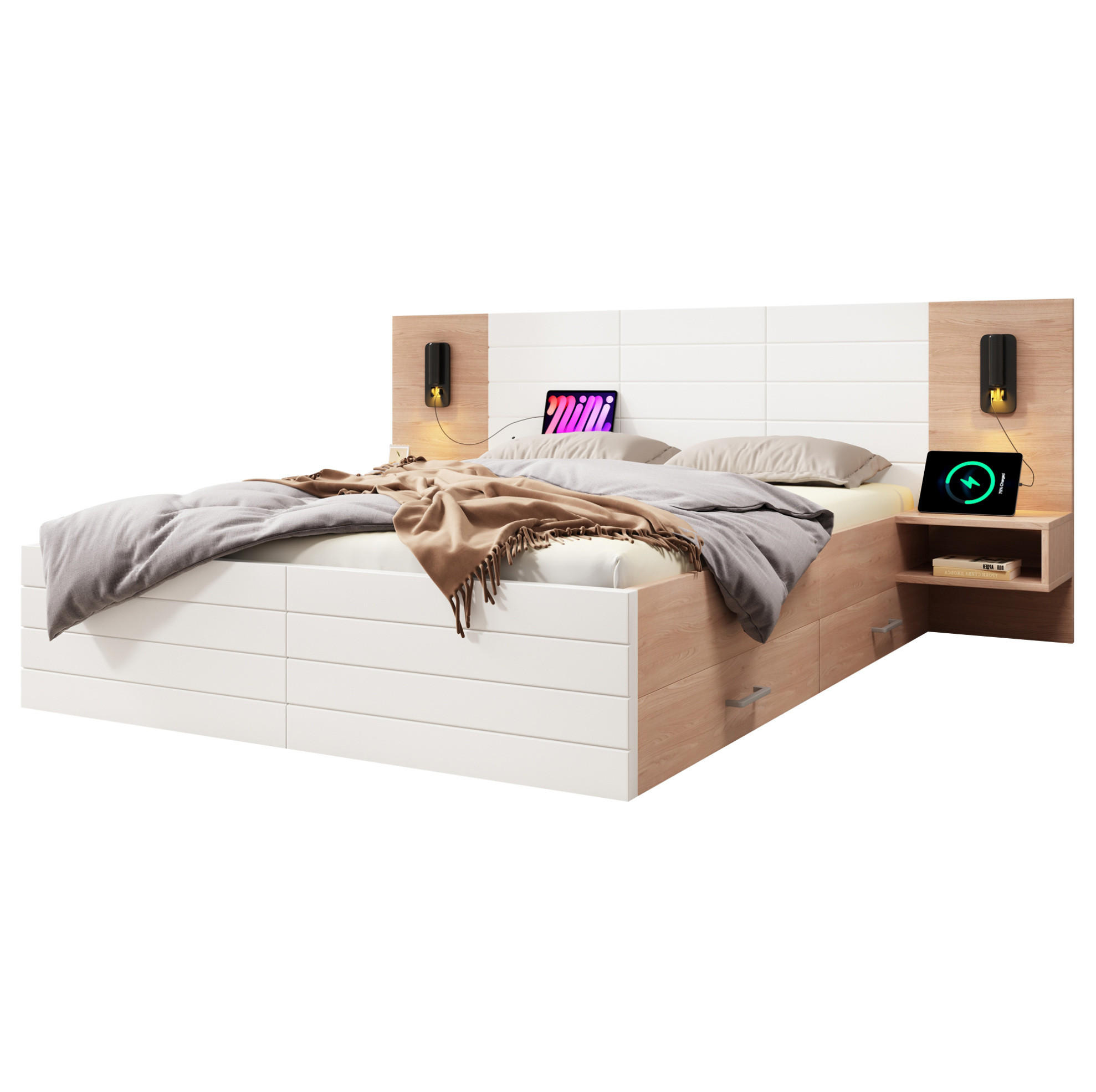 Modfu MANŽELSKÁ postel z masivního dřeva a MDF 140x200 cm bílá/světlý dub s USB, lampičkou a 2 zásuvkami