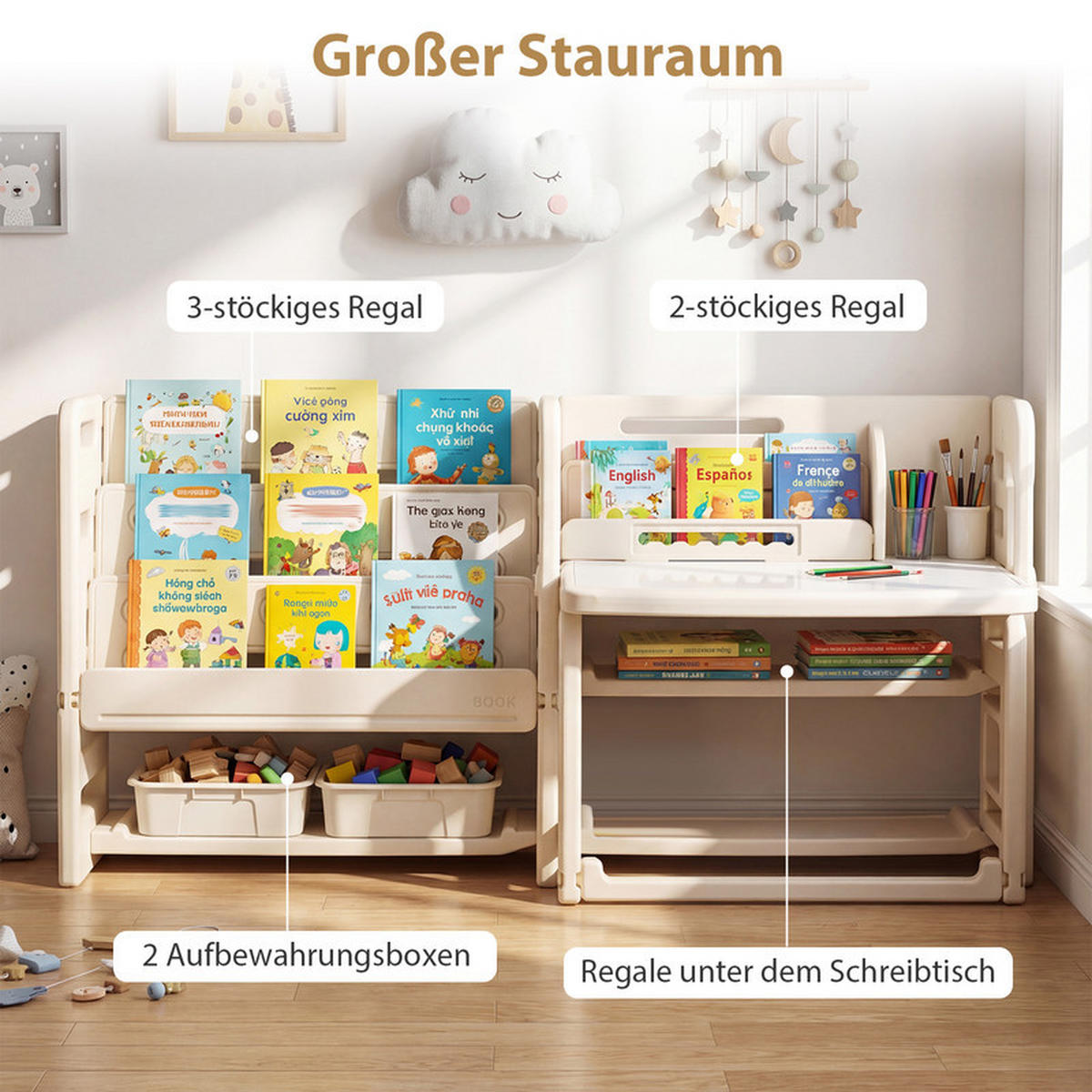 KINDERTISCH-STUHL-SET mit Bücherregal beige(2-tlg) - Beige, Kunststoff (135/68/51cm) - COSTWAY