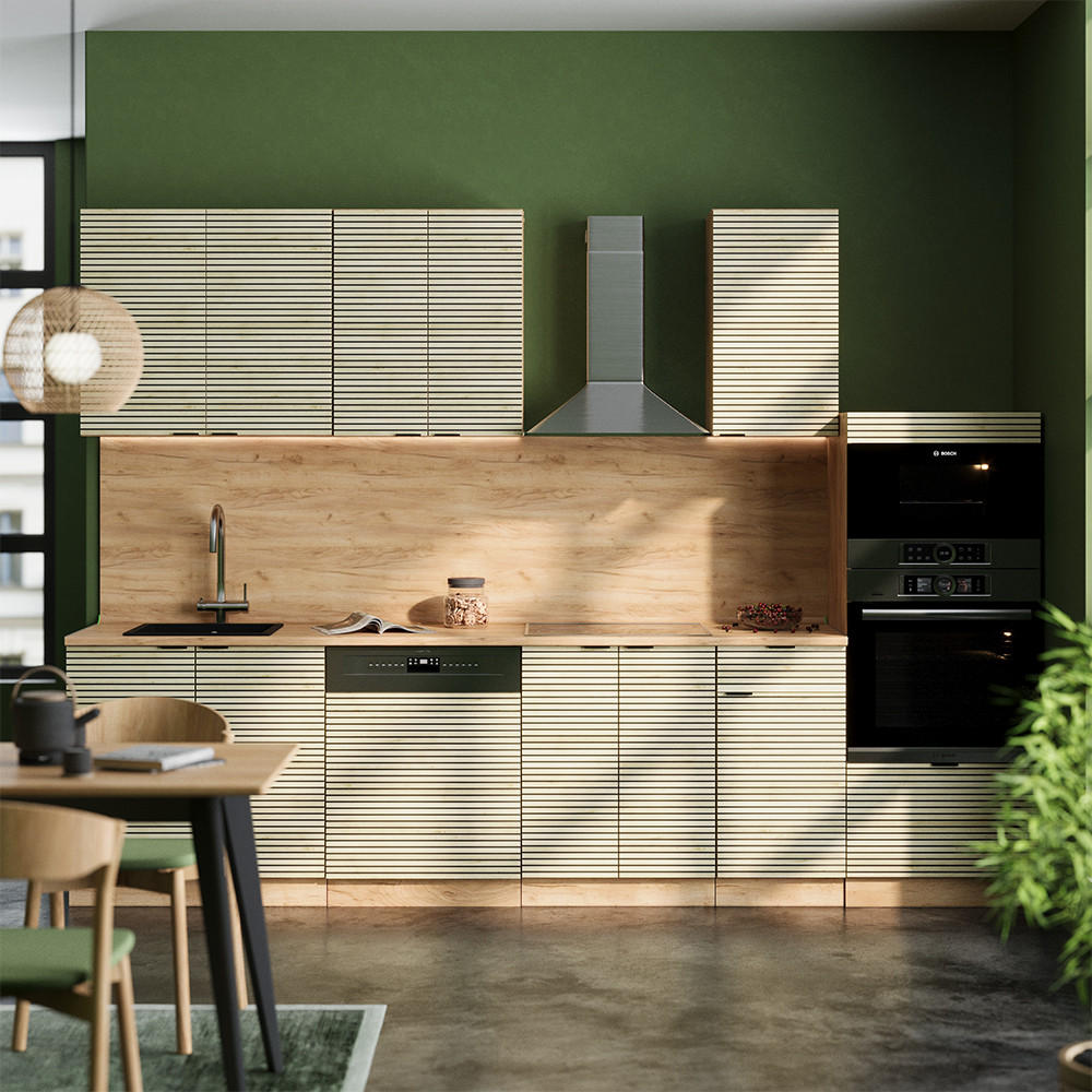KÜCHENZEILE Fame-Line Eiche Paneel/Goldkraft Eiche 300 cm mit Hochschrank, AP Marmor - Hellbraun/Eiche Wotan, Holzwerkstoff (300/81.6/60cm) - Vicco