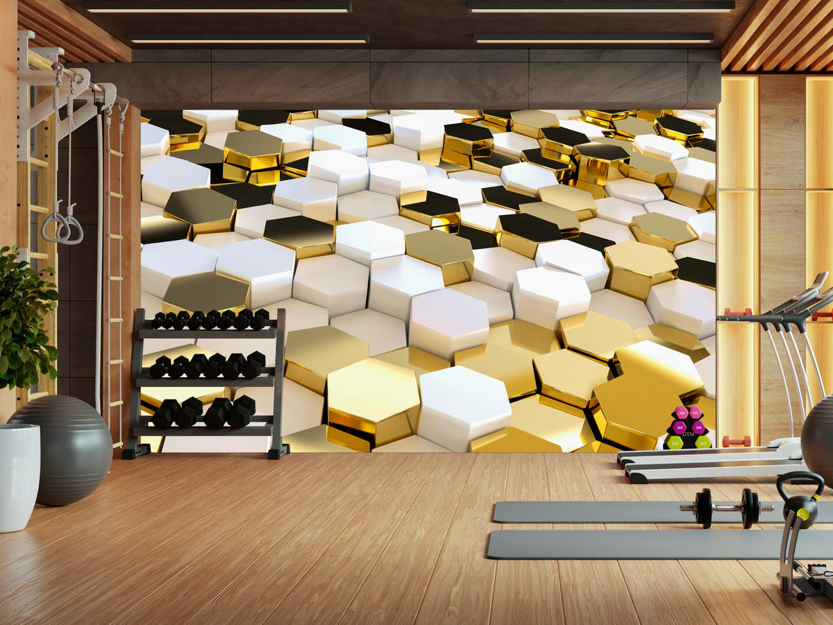 FOTOTAPETE für Büro Futuristisch Goldene Hexagone Formen Geometrie 500x350 - Gelb/Goldfarben, Papier (500/350cm) - Muralo
