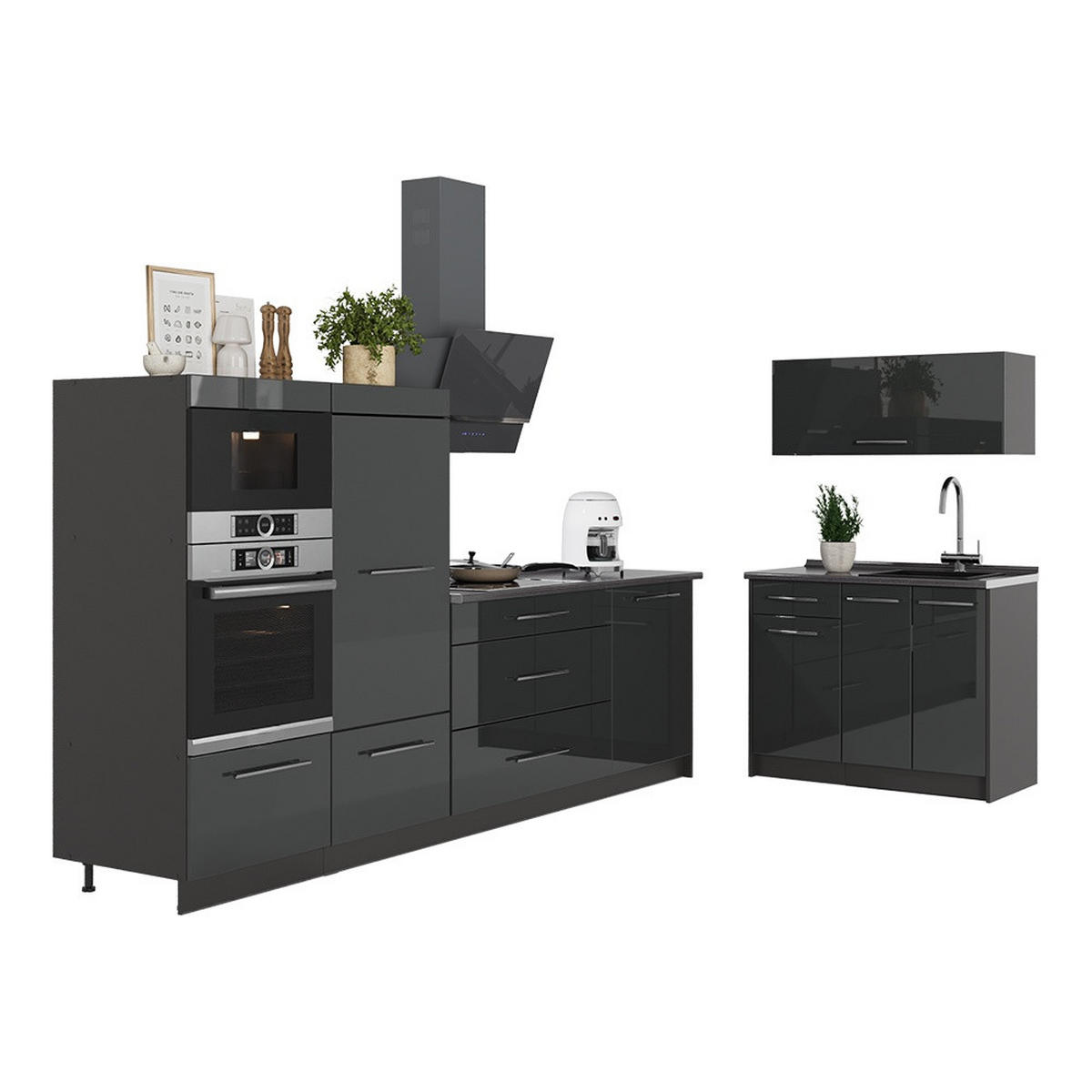 KUCHYNĚ Fame-Line, Antracitový vysoký lesk/Antracit, 380 cm, PD Mramor - antracitová, kompozitní dřevo (380/153.6/60cm) - Vicco