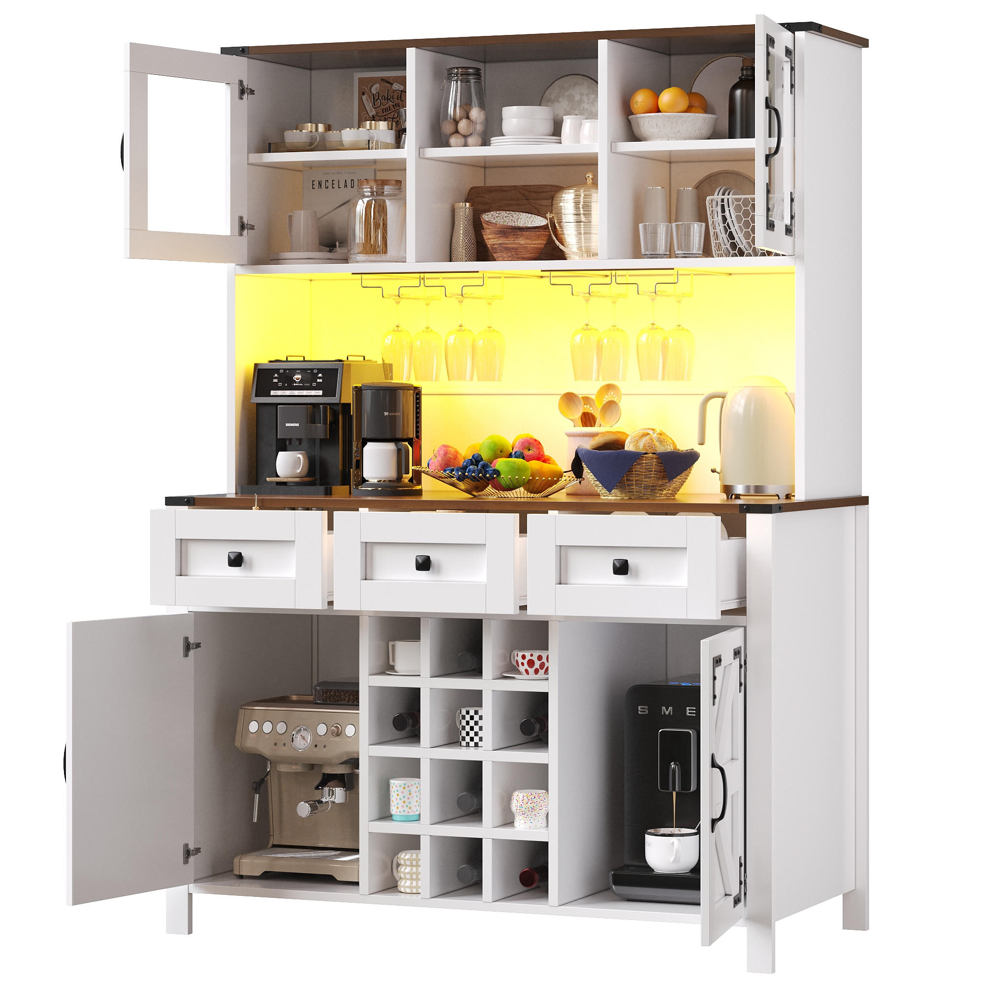BUFFET Landhaus MDF Glas LED App Steckdosen USB Stauraum 4 Türen 3 Schubladen modern - Weiß, Glas/Holzwerkstoff (120/70/40cm) - EVRYAE