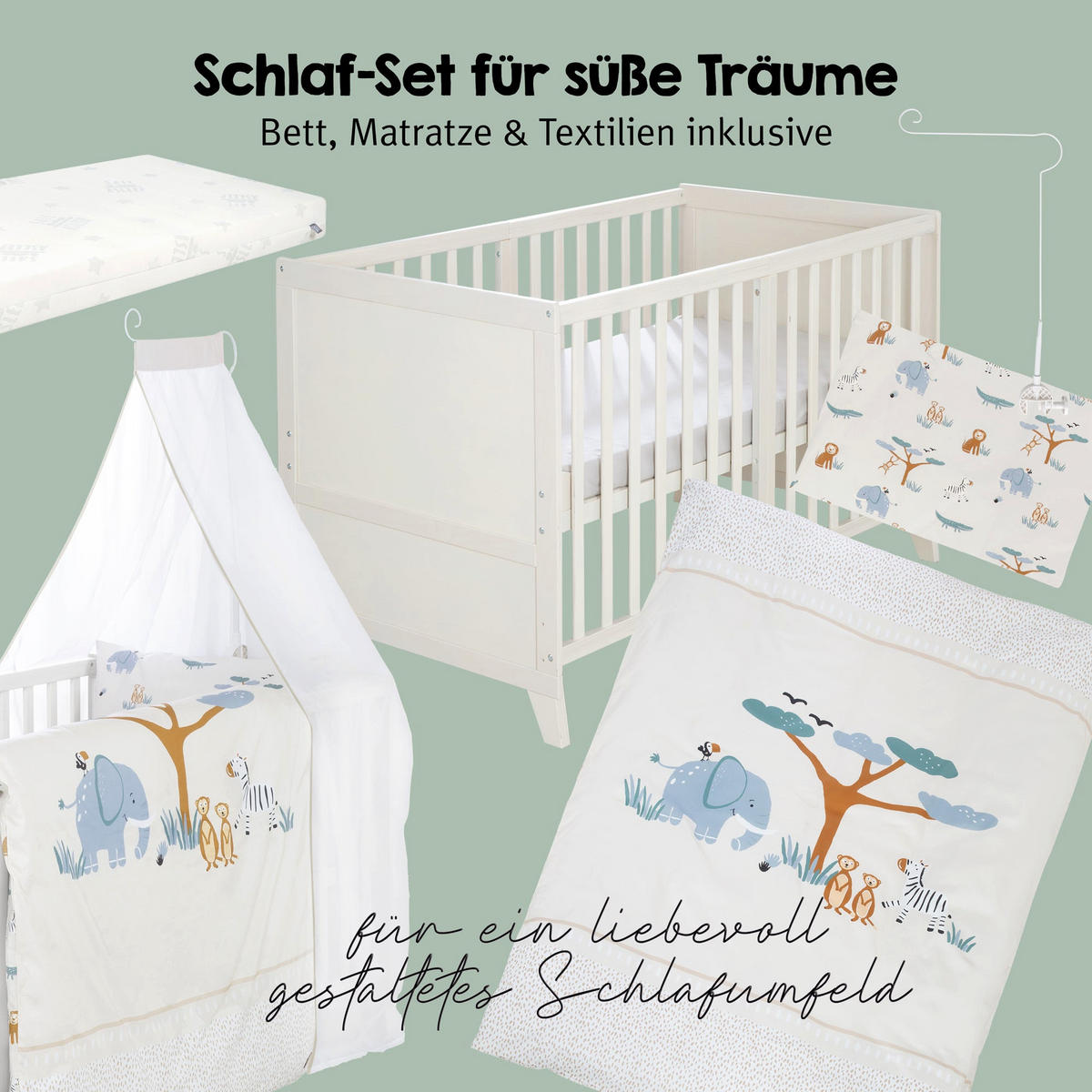 BABYBETT 'Savanna Friends' 70 x 140 inkl. kompletter Ausstattung - Naturgrau / Beige - Weiß, Holz (70/140cm) - Roba