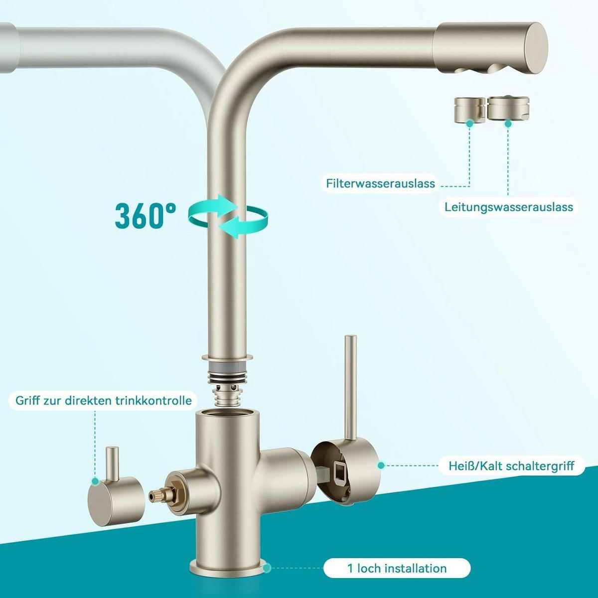 KÜCHENARMATUR 3 Wege mit Trinkwasserauslauf Edelstahl - Silberfarben, Metall (20.3/5.1/27.4cm)