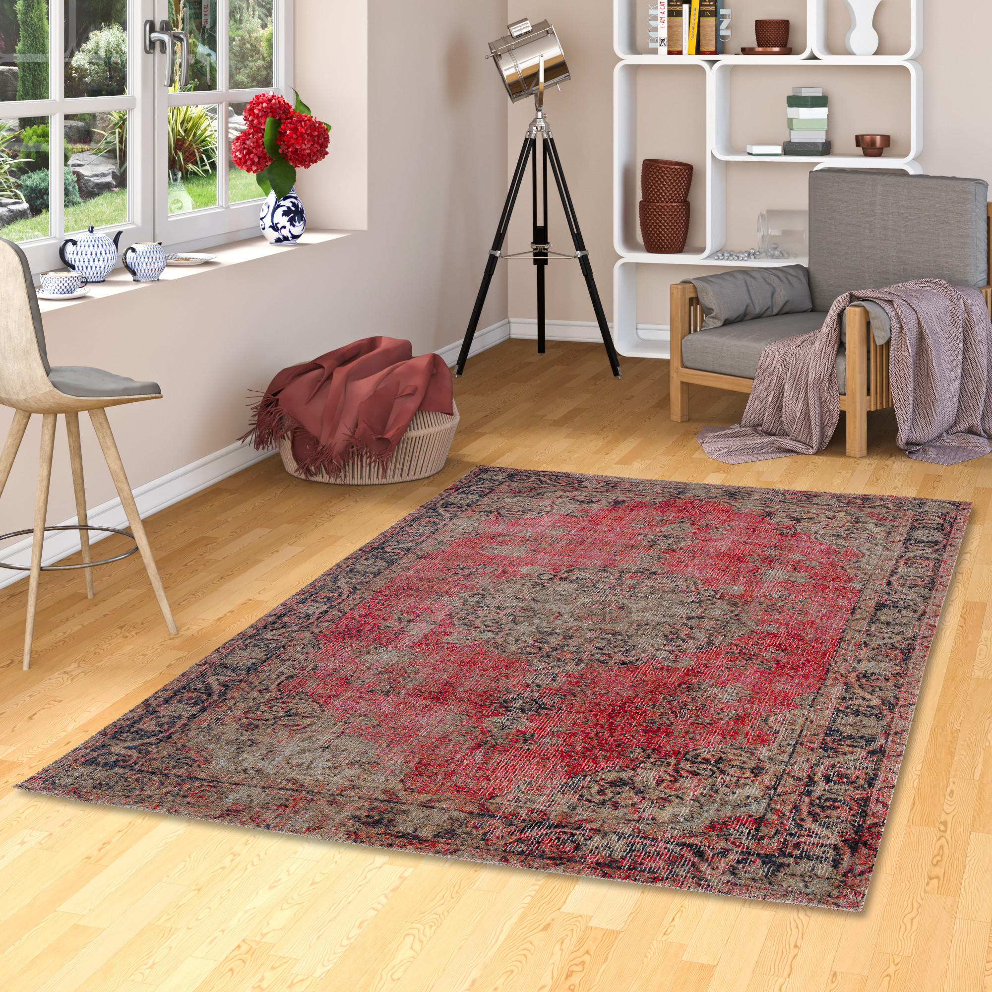 KURZFLOR DESIGNER TEPPICH MODERN VINTAGE ORIENT MUSTER - Beige/Rot, Textil (140/200cm) - Pergamon
