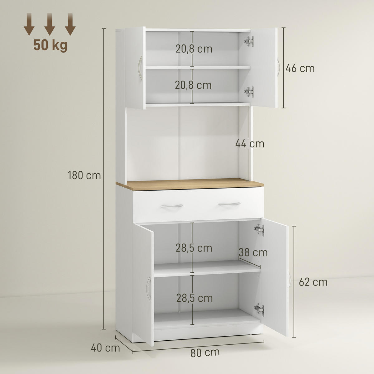 BUFFET DE-11210 4 Türen & 1 Schublade mit Arbeitsplatte Weiß - Weiß, Holzwerkstoff (40/180/80cm) - ComfortXL