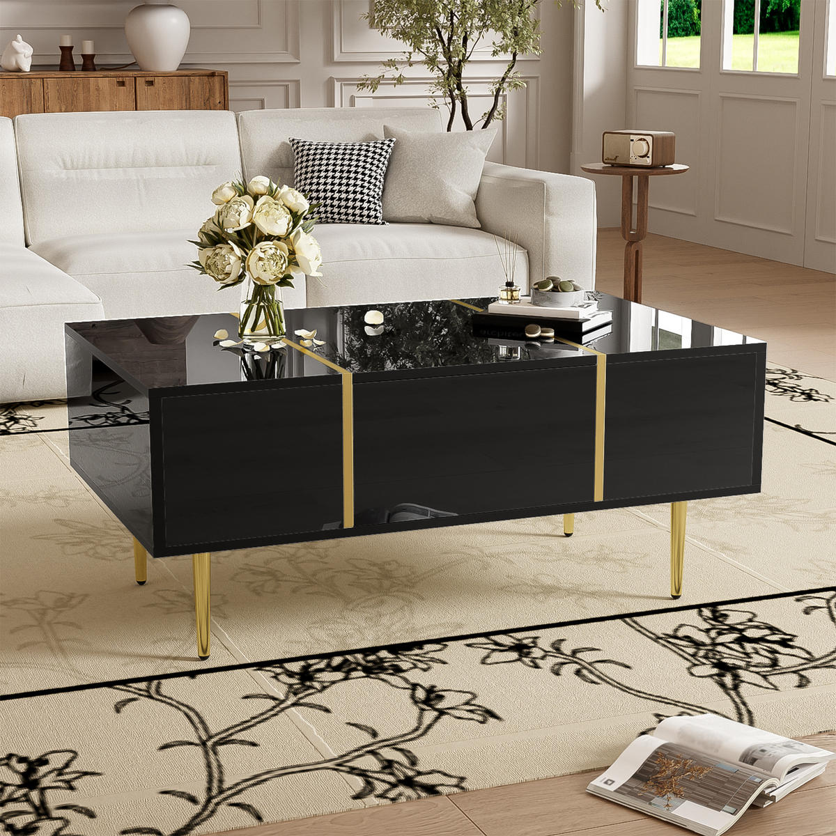 COUCHTISCH Schwarz Hochglanz - 100x60cm - 2 Schubladen - Schwarz, Holz (112.4/69.6/14.99cm) - Raelunyi