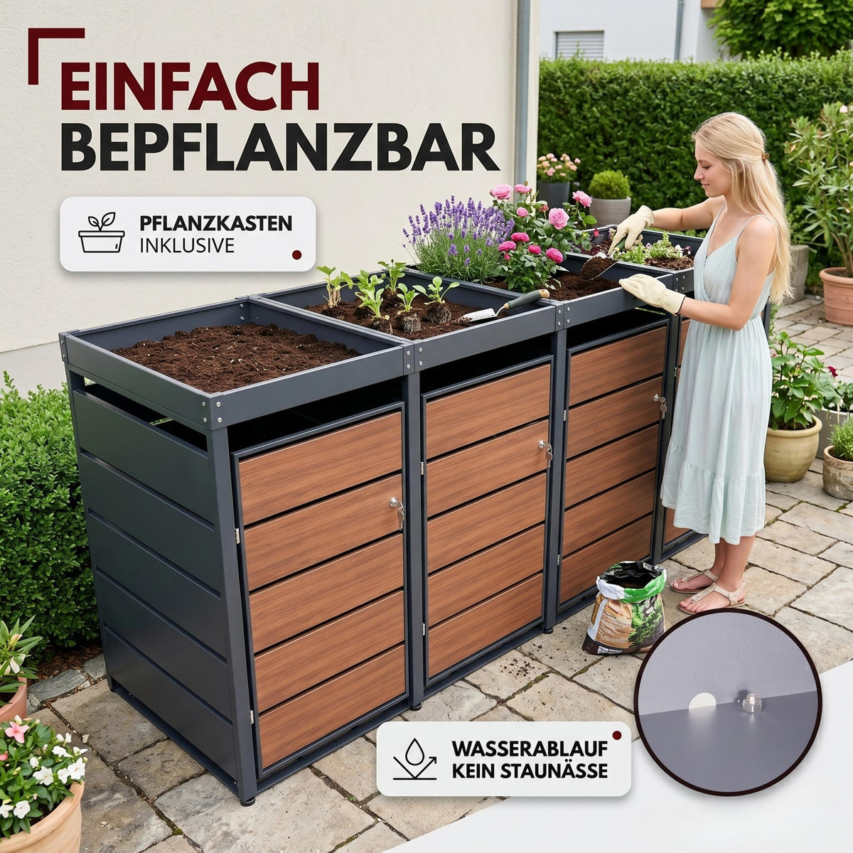 MÜLLTONNENBOX mit Pflanzkasten 4er, MTP4 - Anthrazit, Metall (260/116/80cm) - Albatros