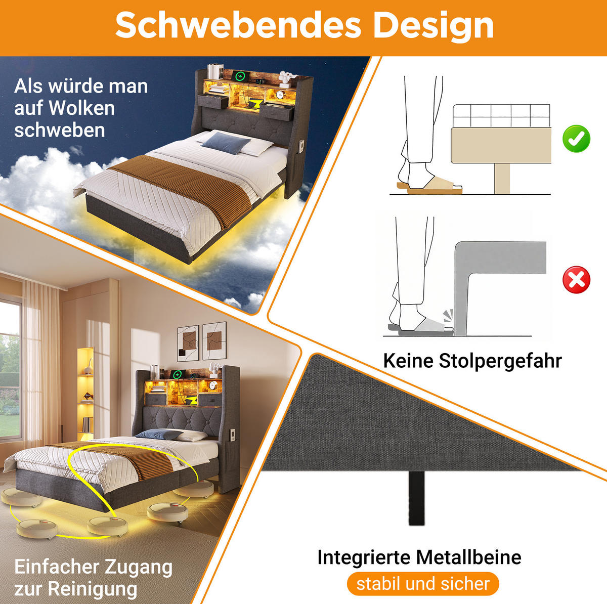 POLSTERBETT 90/200 cm Grau mit Matratze, LED-Beleuchtung und USB-Anschlüssen - Grau, Textil (90/200cm) - Flora Grace