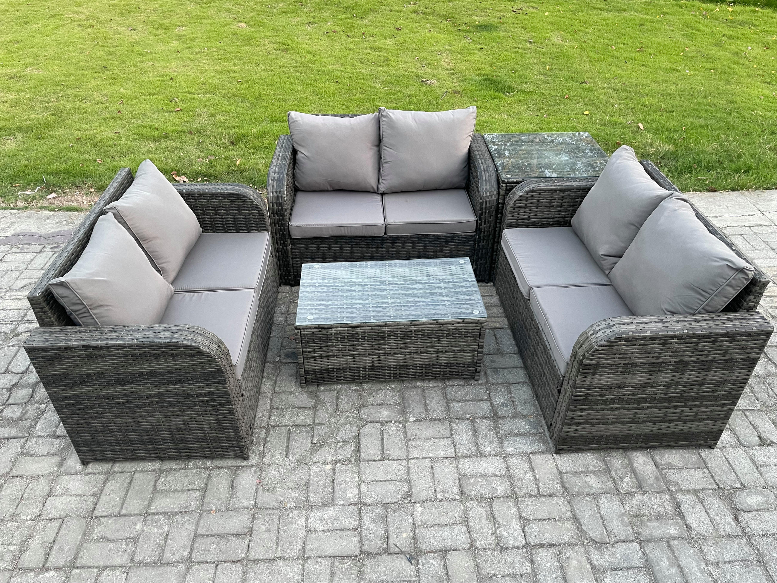 GARTENMÖBELGARNITUR mit KISSEN Polyrattan Dunkelgrau 6-Sitzer - Dunkelgrau/Grau, Glas/Kunststoff - Fimous