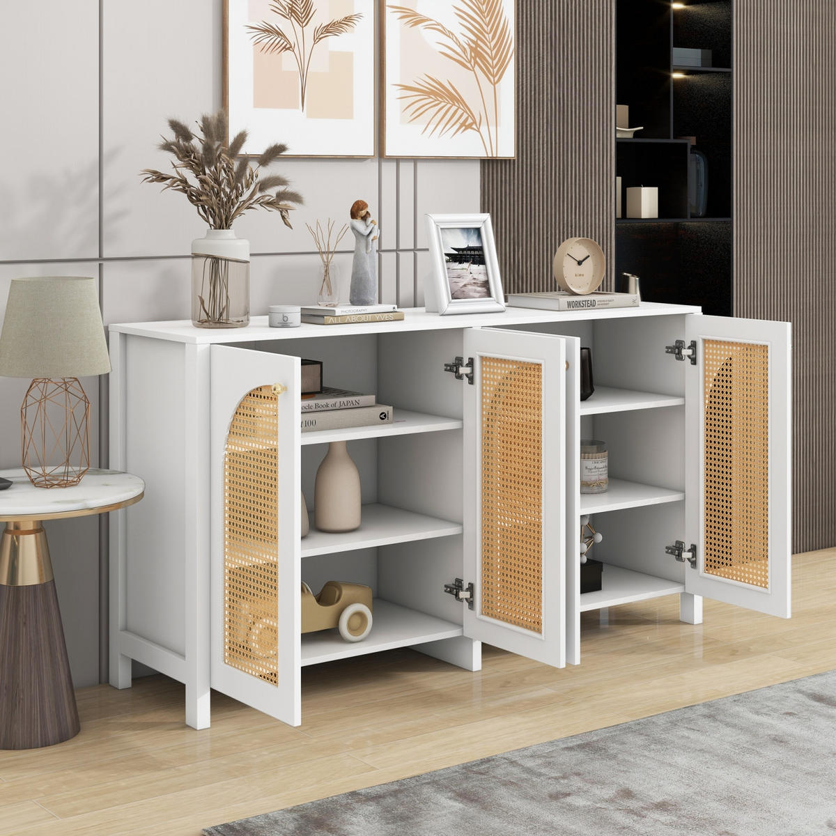 SIDEBOARD 145x40x80 cm, 4 Türen, Rattanoptik, Weiß - Weiß, Holz (145/80/40cm)