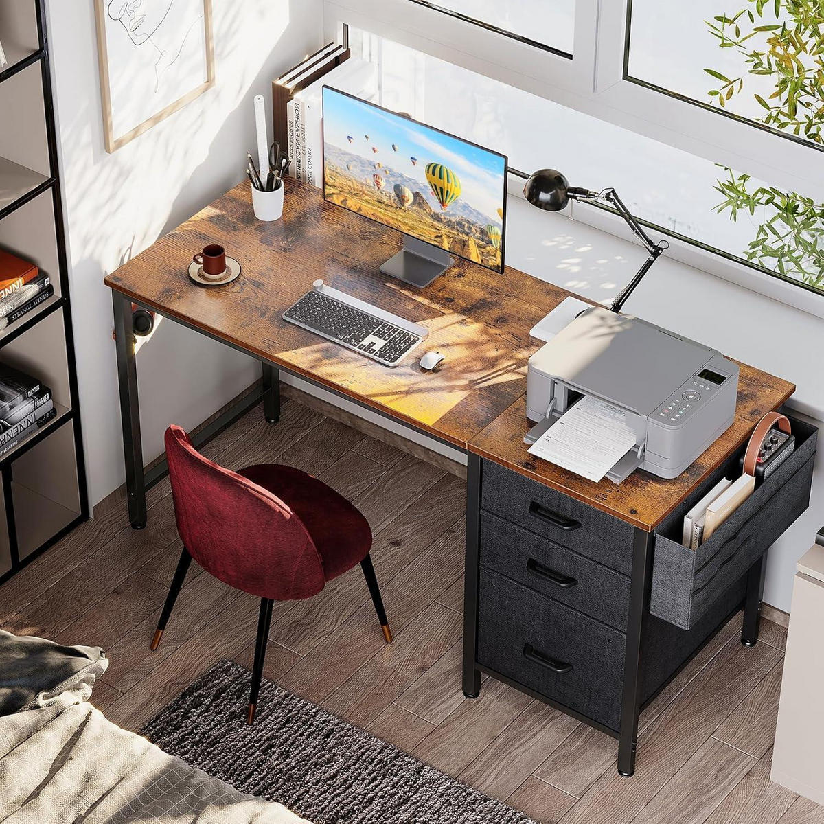 SCHREIBTISCH mit 3 Stoffschubladen 120 x 48 cm - Braun, Holzwerkstoff (120/48/75.7cm)