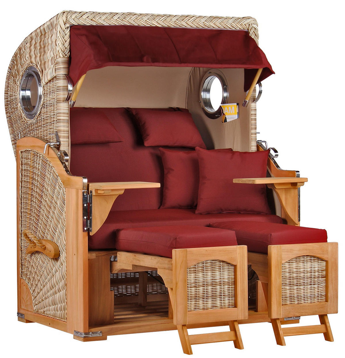 STRANDKORB Düne 2-Sitzer Teak Shell Bullauge - Rot/Braun, Holz/Metall (125/170/80cm) - Mr. Deko