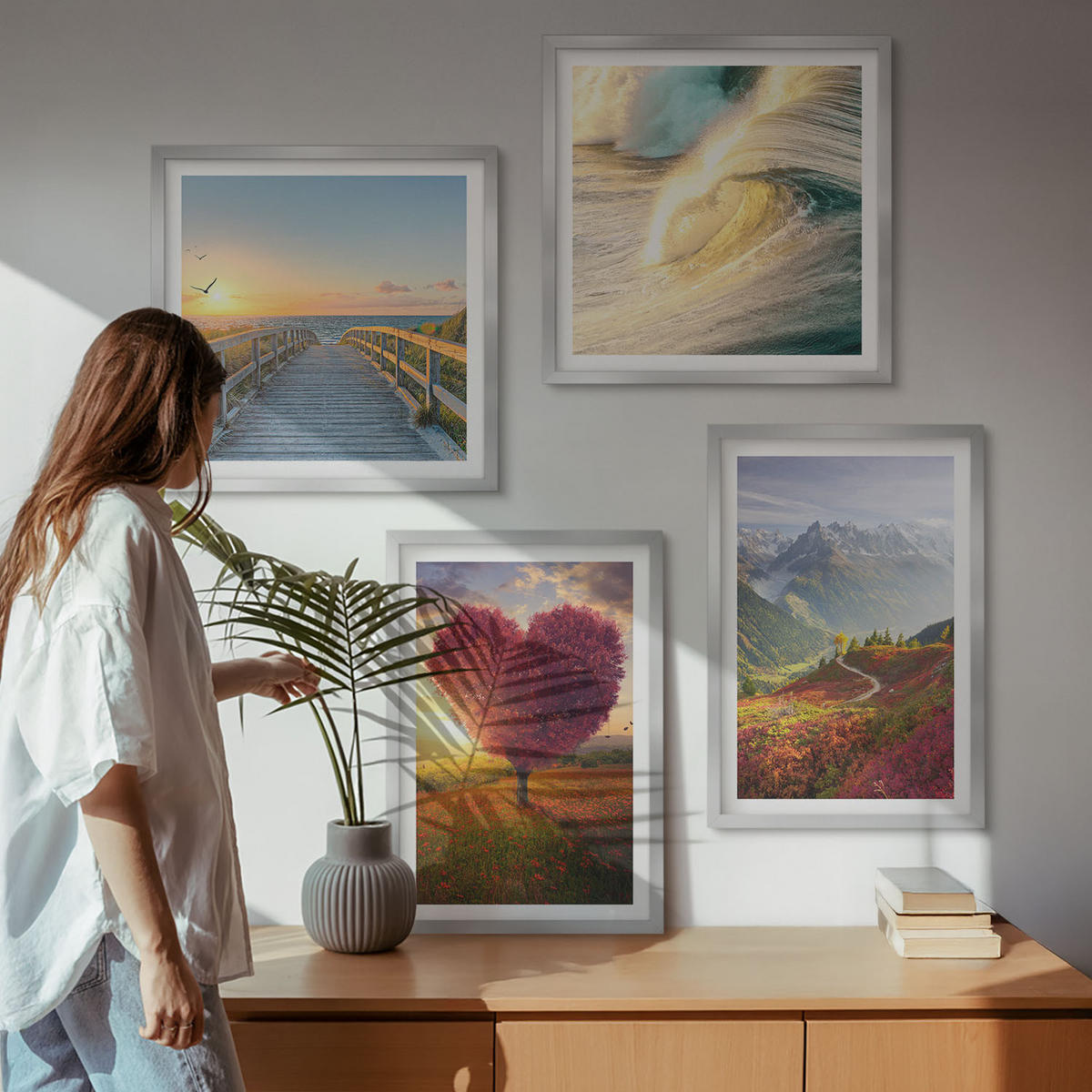 WANDBILDER 4er Set - 50x50 cm & 40x60 cm Silberner Rahmen - Landschaften Berge Wellen Baum Herz Pier - Silberfarben, Kunststoff (50/50cm) - ArtPrintCave
