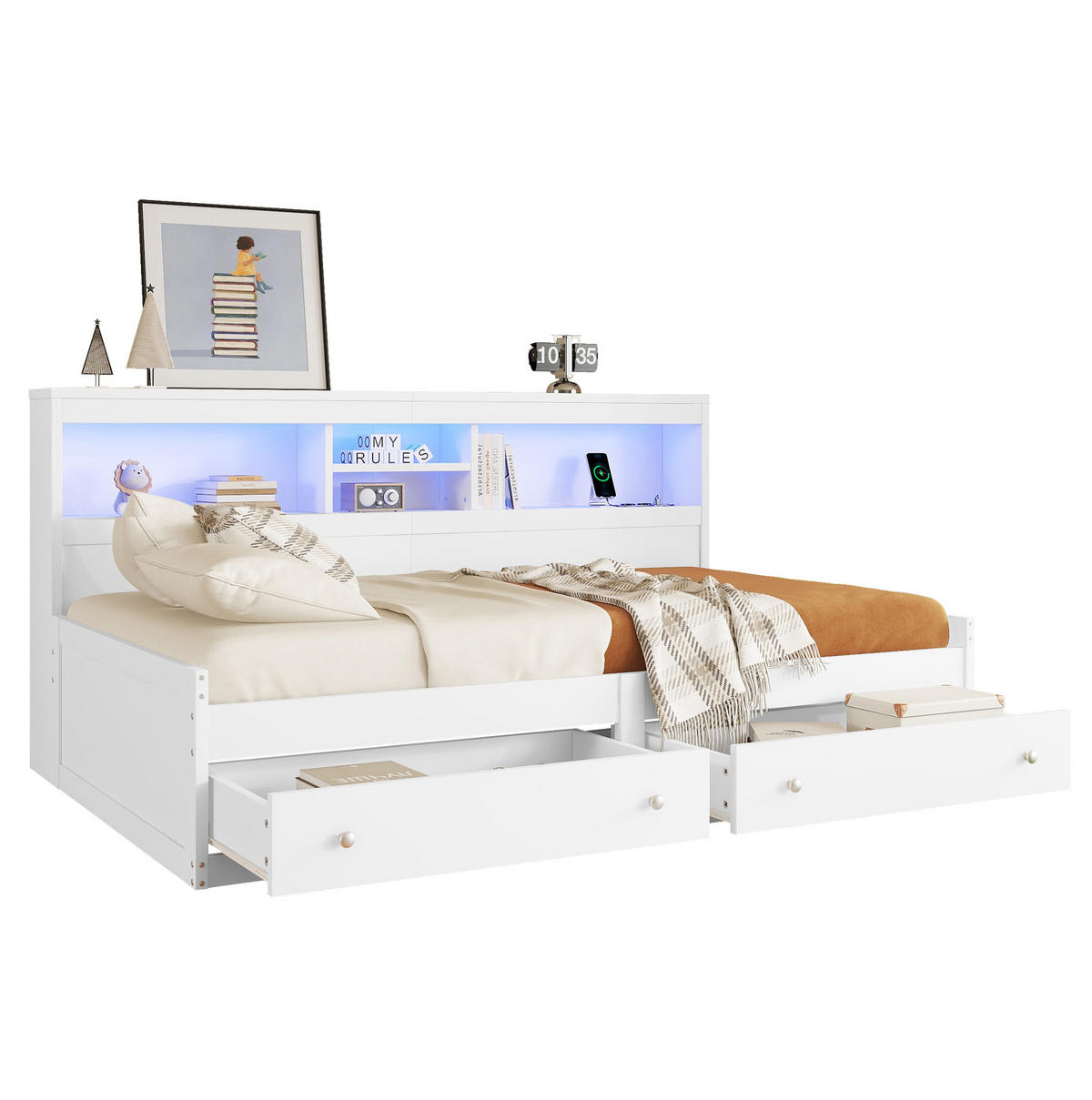 TAGESBETT 90/200 cm mit LED-Ambientebeleuchtung, 2 USB-Anschlüssen, 2 Steckdosen, 2 Schubladen und Spanplatte/MDF, Weiß/Natur - Weiß, Holzwerkstoff (90/200cm) - Redom
