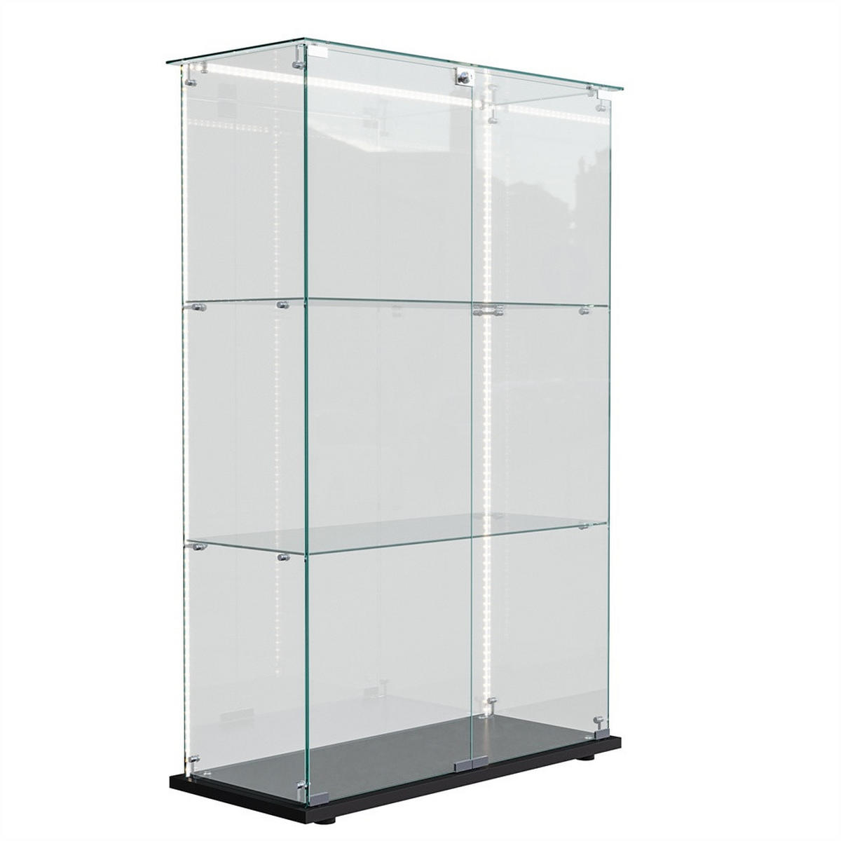 VITRINE - Glasvitrine mit 2 Türen und 3 Ebenen - integrierte LED-Streifen-Beleuchtung - Schwarzer Holzboden - Schwarz, Glas (78.5/123.3/35cm) - DELFA