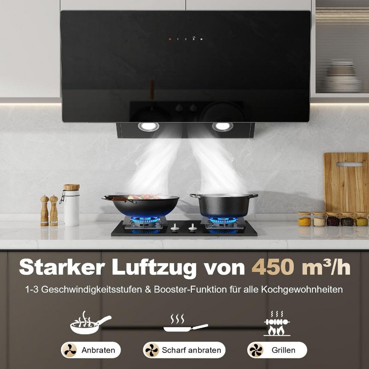 DUNSTABZUGSHAUBE Kopffreihaube, TOUCHSCREEN, UMLUFT UND ABLUFT, Schwarz Glas, Wandhaube, 90 cm - Schwarz, Metall (35.1/44.5/95.4cm) - Rolipo