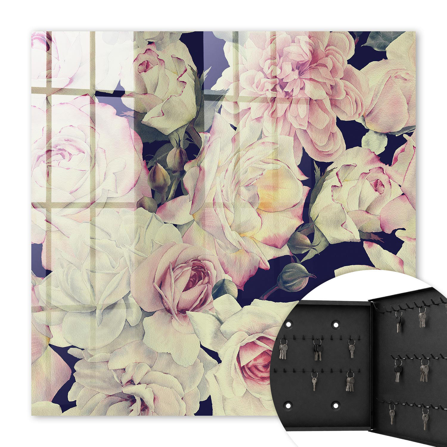 SCHLÜSSELBOX Schwarz 30x30 cm- Türöffnung nach rechts - Florale Eleganz - Pink, Metall (30/30/5cm) - TULUP